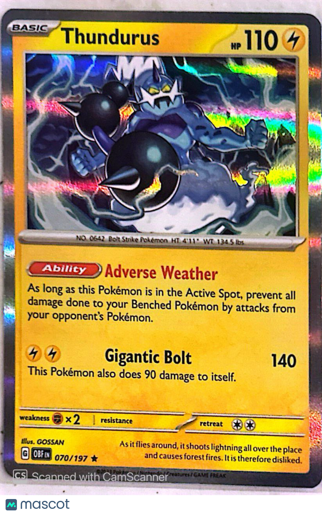 2023 Obsidian Flames Thundurus Holo Rare #70/197