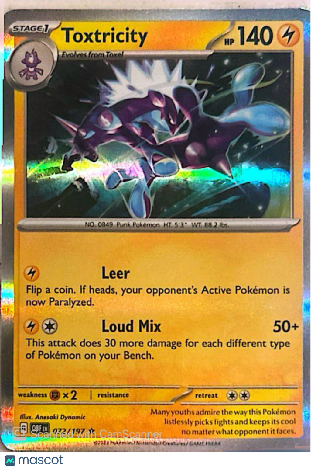 2023 Obsidian Flames Toxtricity Holo Rare #72/197
