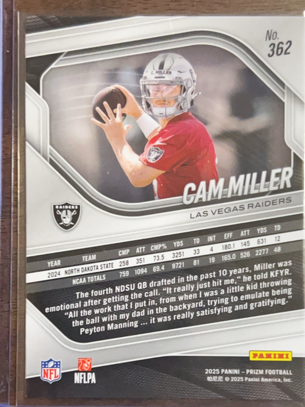 2025 Panini Prizm Football Cam Miller #362 RC