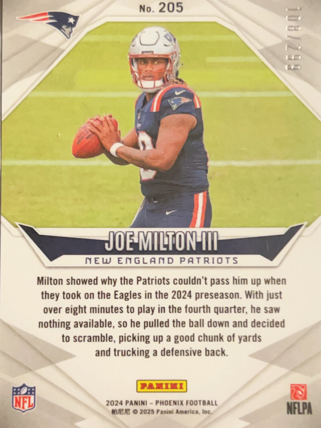 2024 Panini Phoenix Football Joe Milton III #205 Team Logo /299 RC