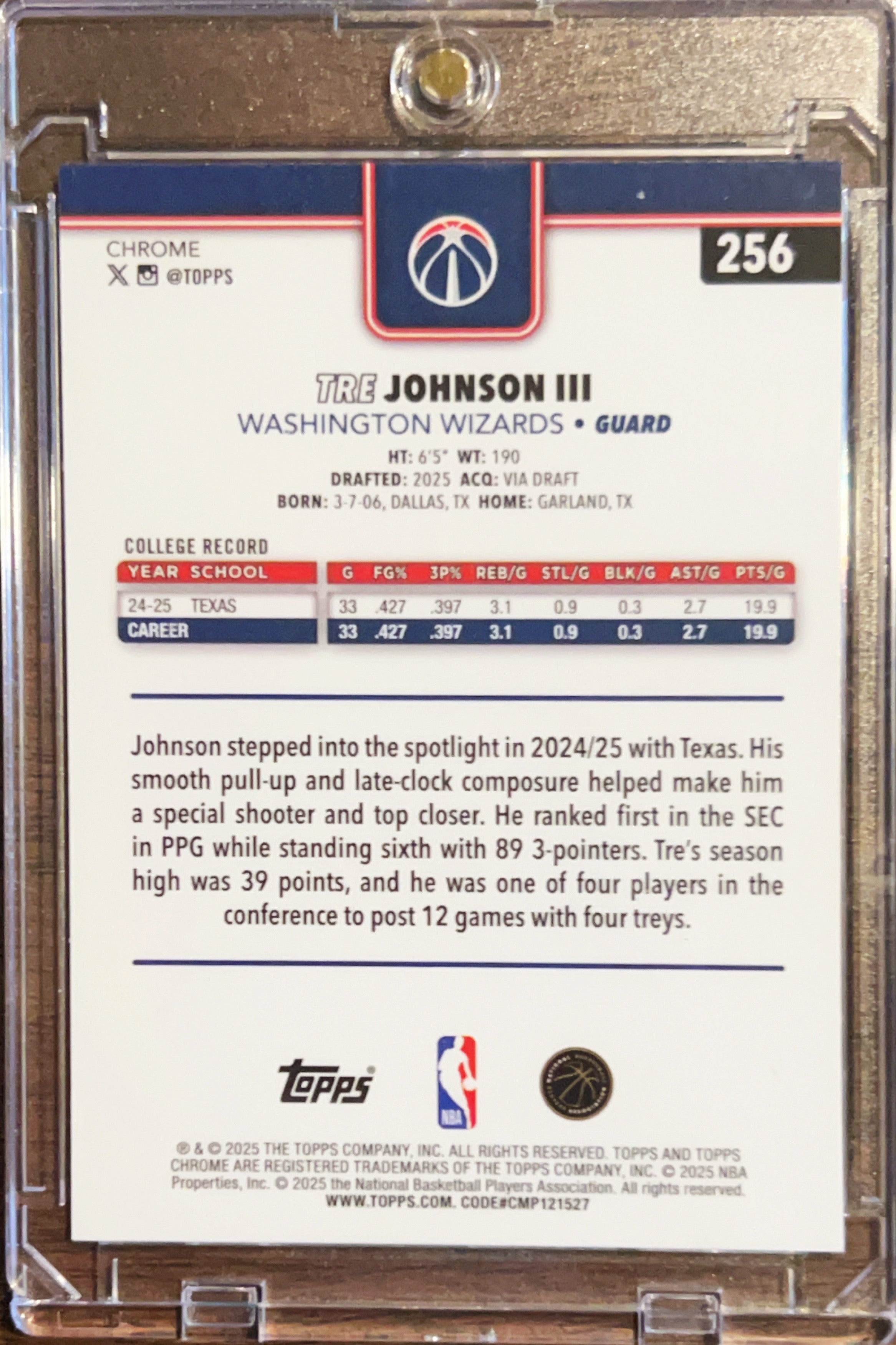 2025 Topps Chrome Tre Johnson III #256 Red White Blue RC