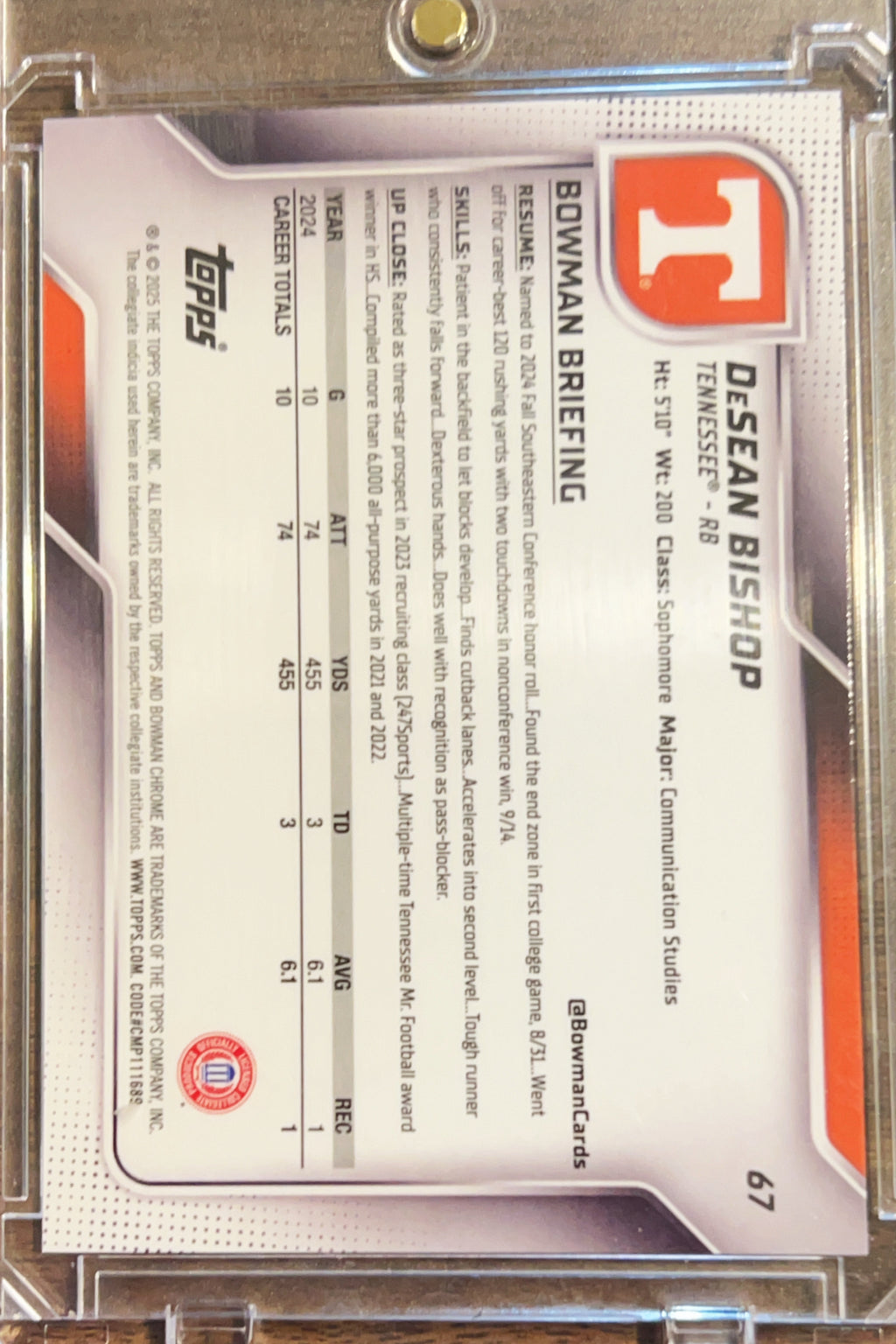 2024 Bowman Chrome University DeSean Bishop #67 Yellow Shimmer Refractor /14
