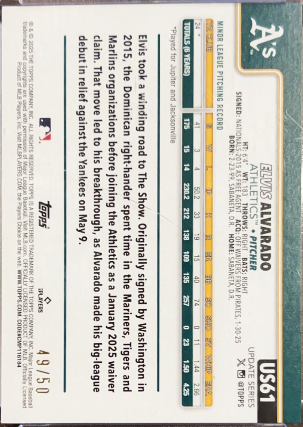2025 Topps Update Series Elvis Alvarado #US61 Gold Foil Mosaic /50 RC