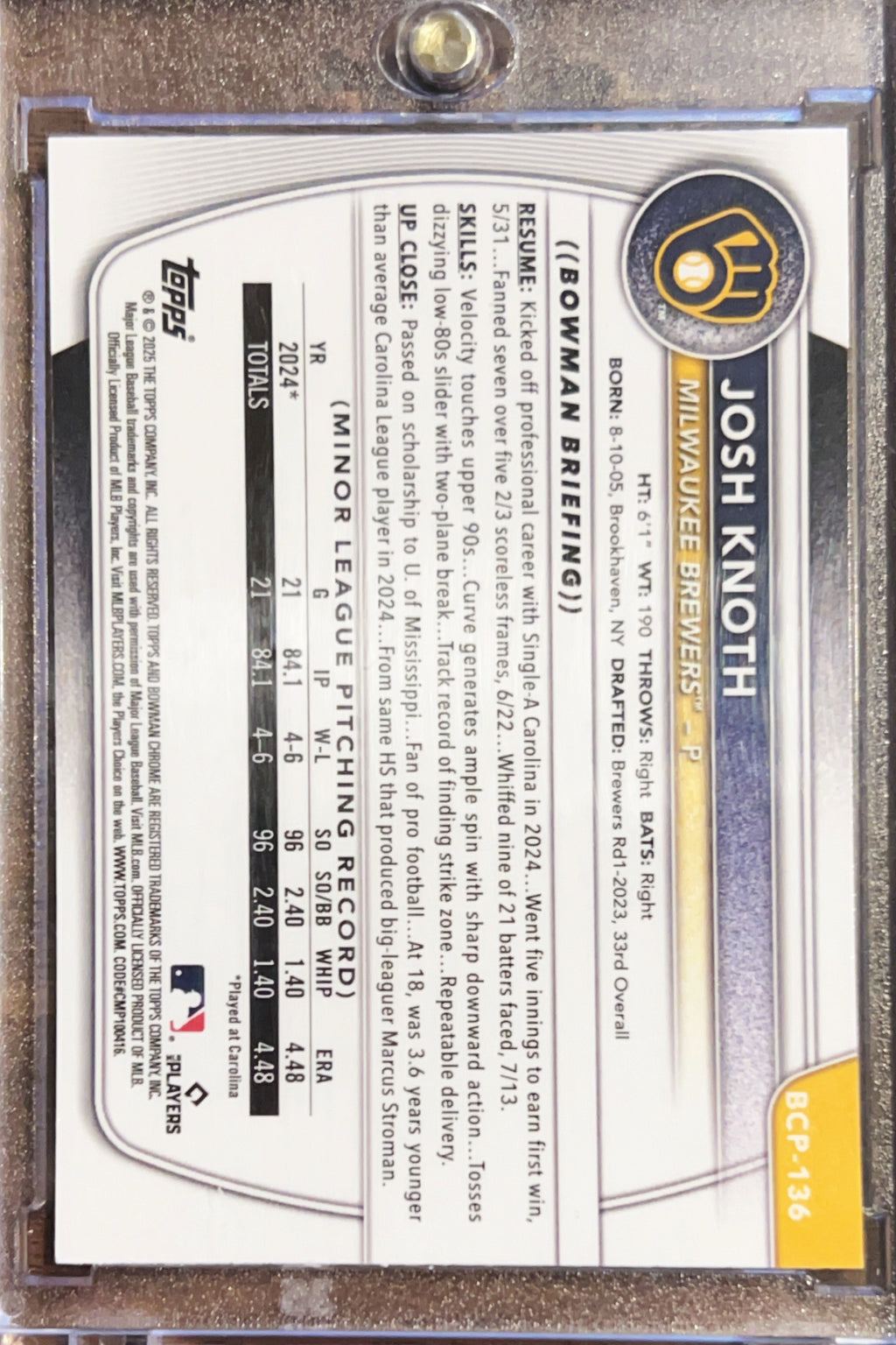 2024 Bowman Chrome Josh Knoth #BCP-136 Purple Reptillian Refractor /199