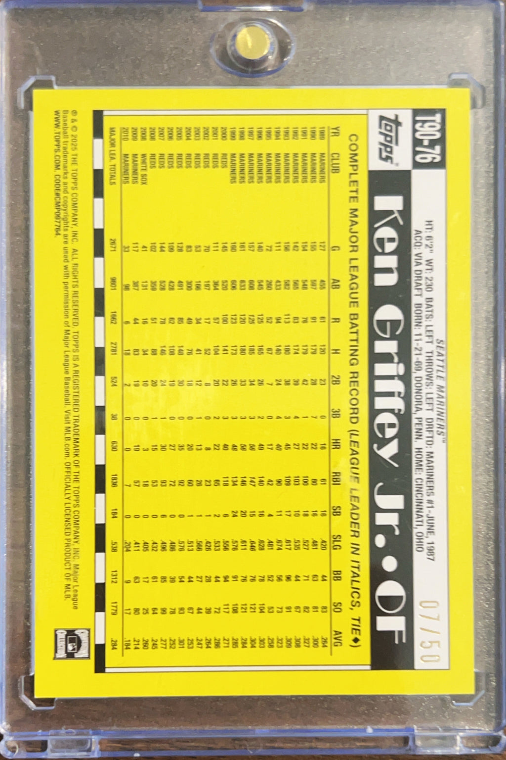 2025 Topps 1990 Topps Baseball Ken Griffey Jr. #T90-76 Gold /50