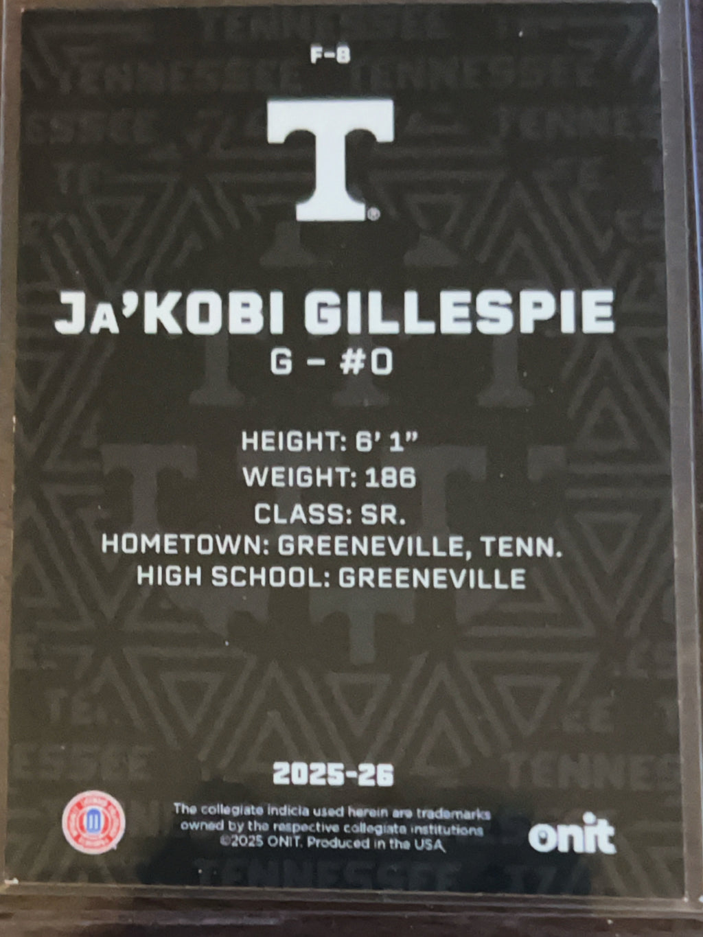 2025 ONIT Tennessee Basketball Ja'Kobi Gillespie #F-8 /30