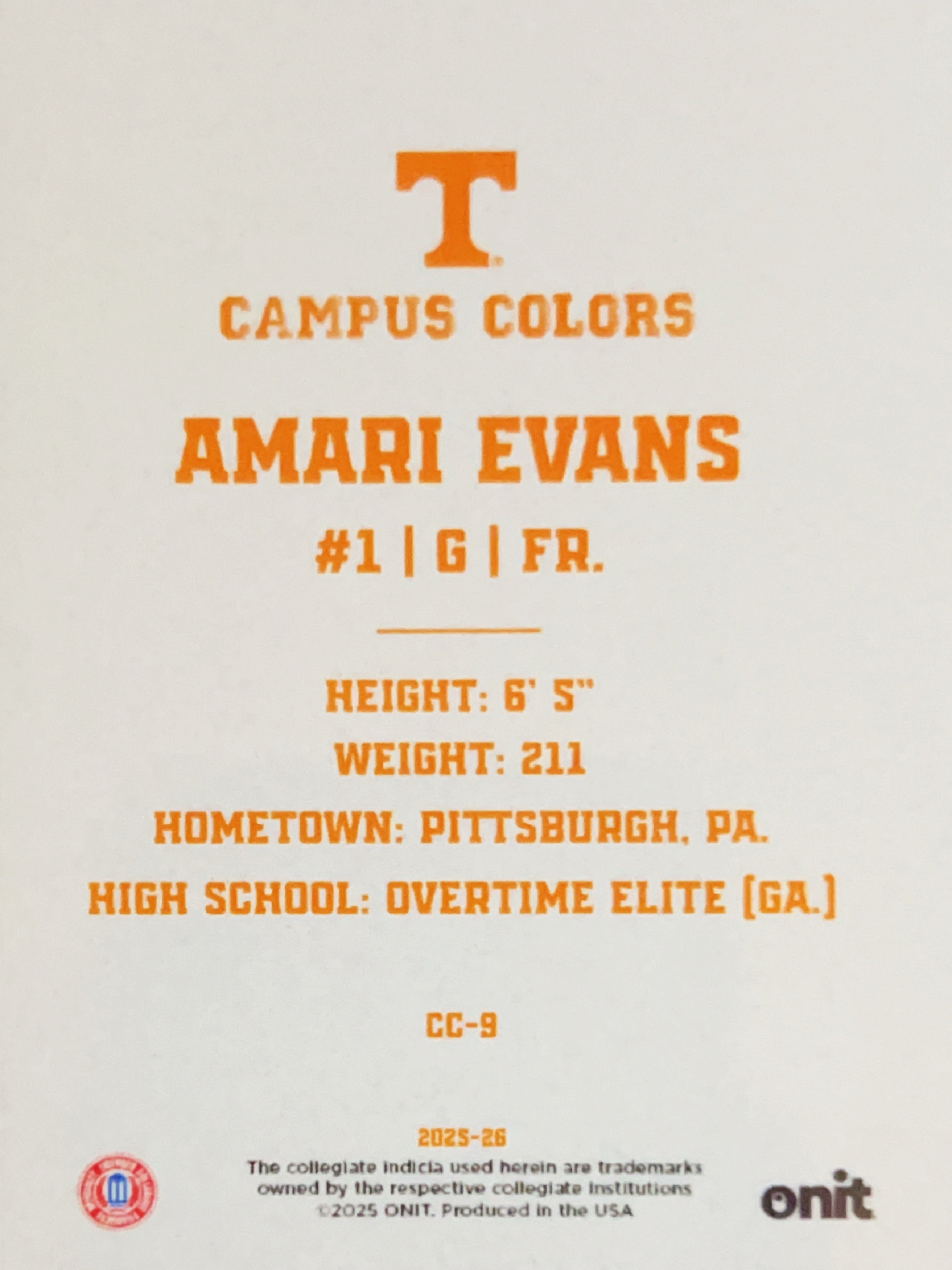 2025 ONIT Campus Colors Amari Evans #CC-9 /30