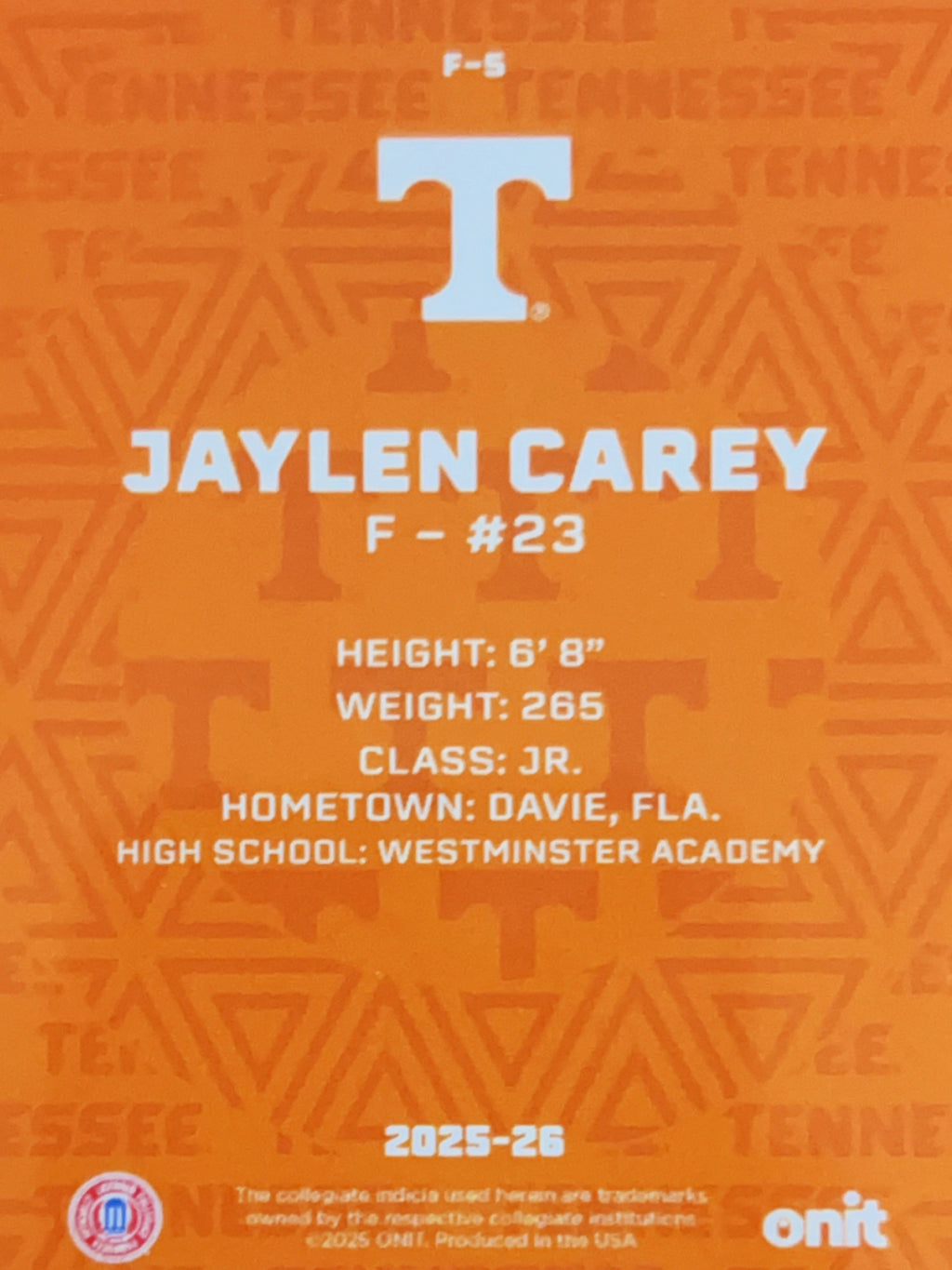 2025 ONIT Tennessee Volunteers Jaylen Carey #F-5