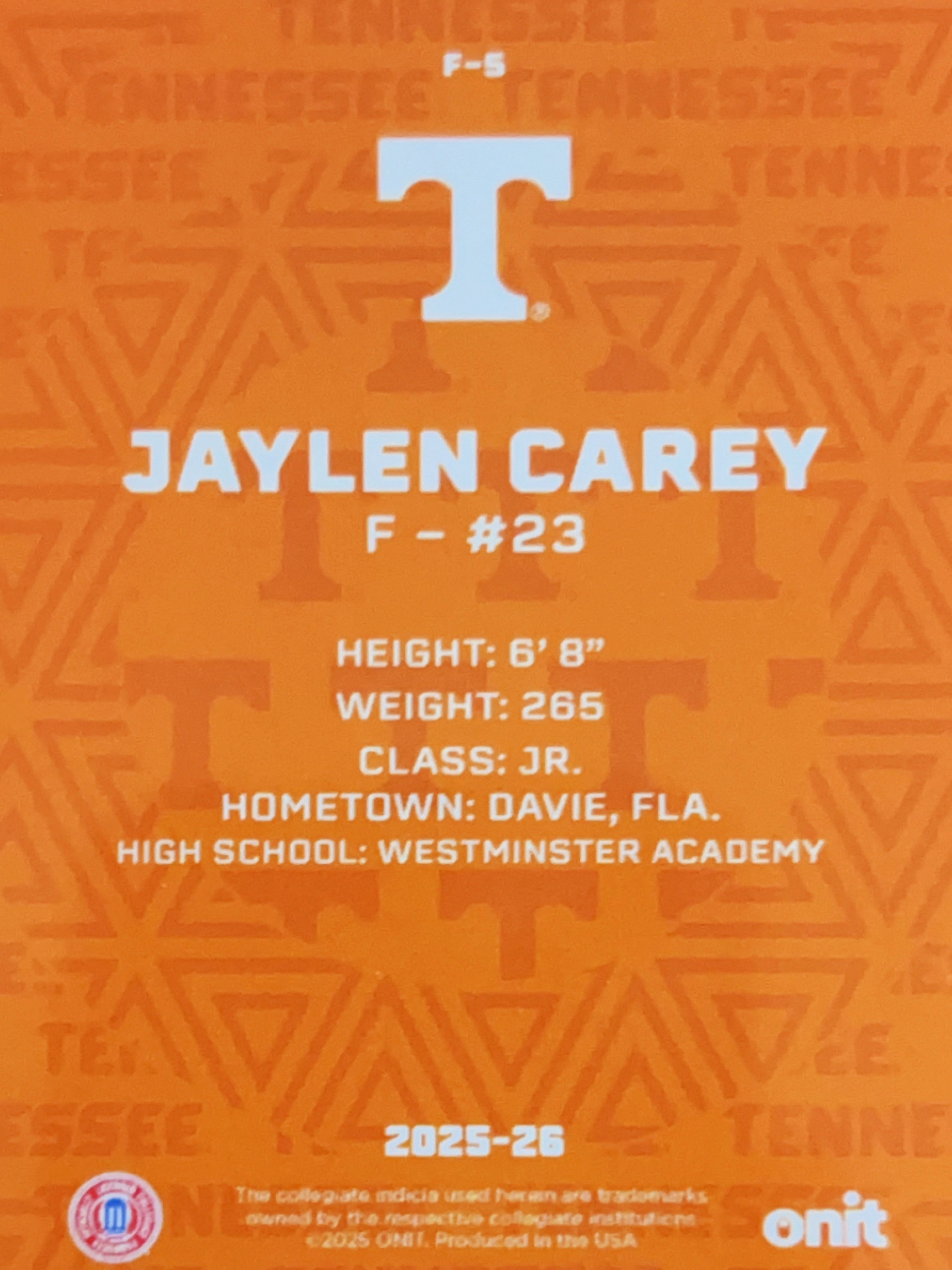 2025 ONIT Tennessee Volunteers Jaylen Carey #F-5