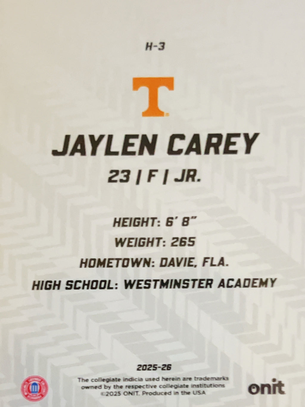 2025 ONIT Tennessee Volunteers Hype Jaylen Carey #H-3 Orange Prism