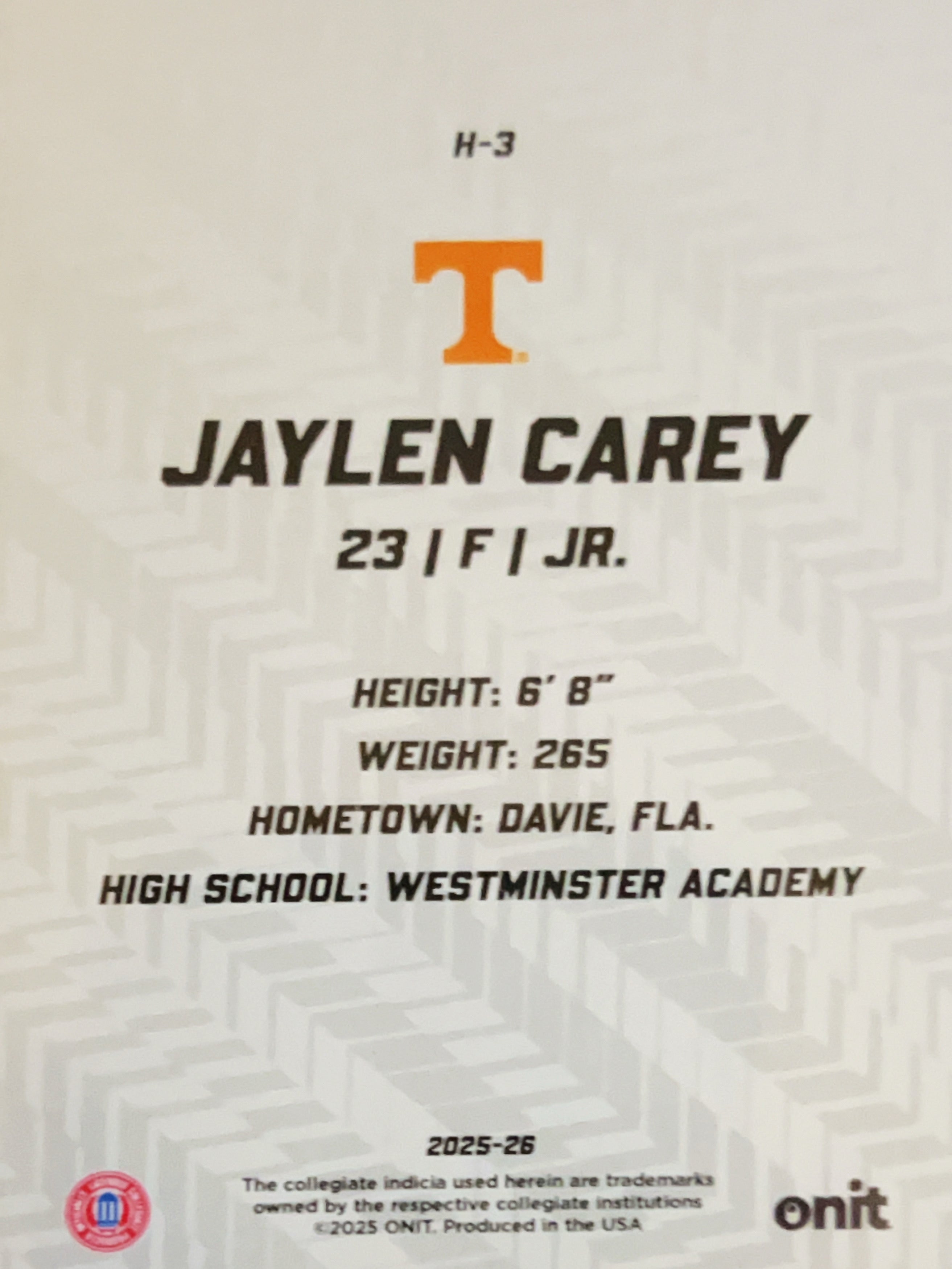 2025 ONIT Tennessee Volunteers Hype Jaylen Carey #H-3 Orange Prism