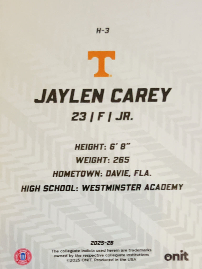 2025 ONIT Tennessee Volunteers Hype Jaylen Carey #H-3 Orange Prism