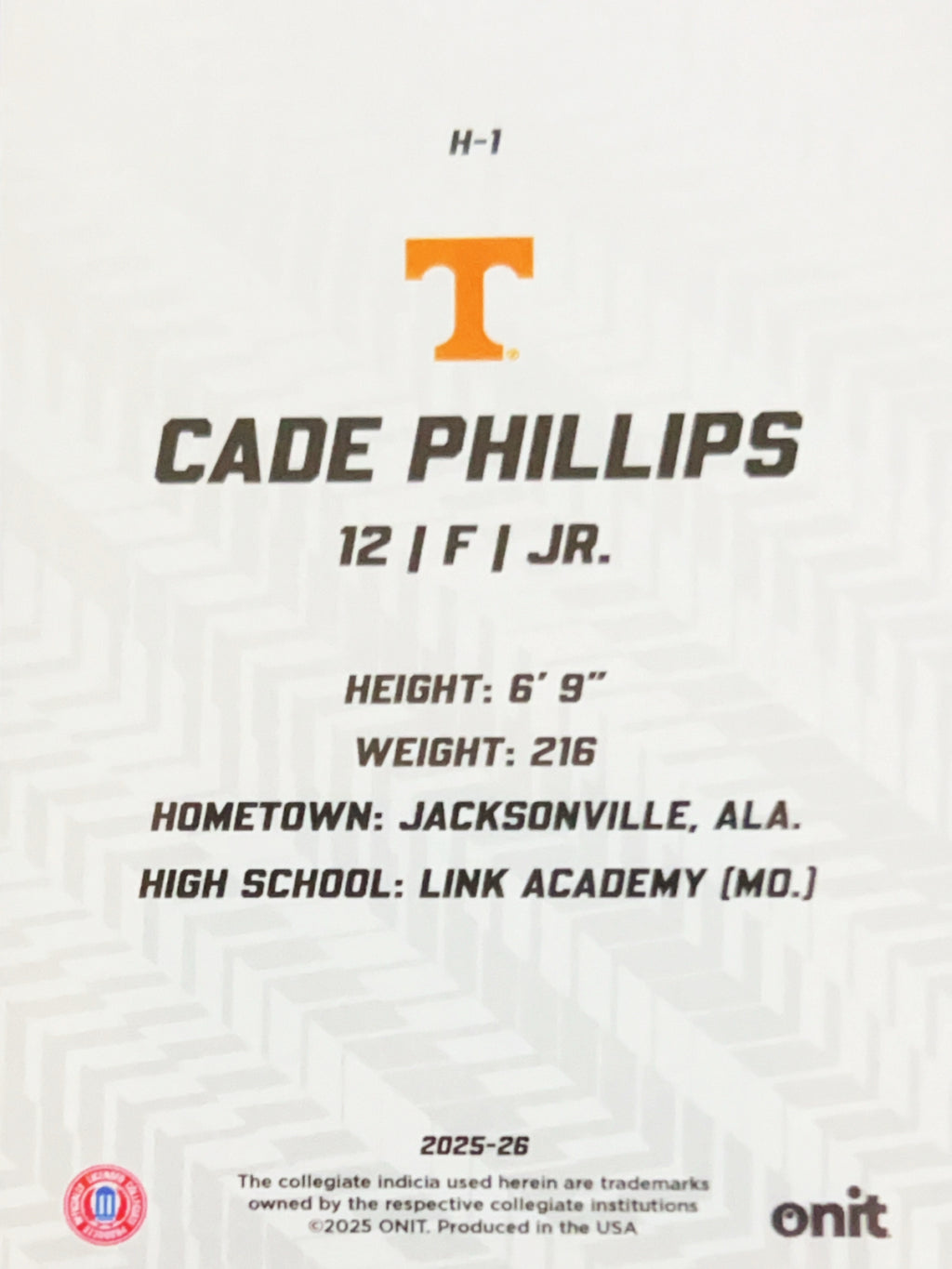 2025 ONIT Tennessee Volunteers Hype Cade Phillips #H-1 Orange