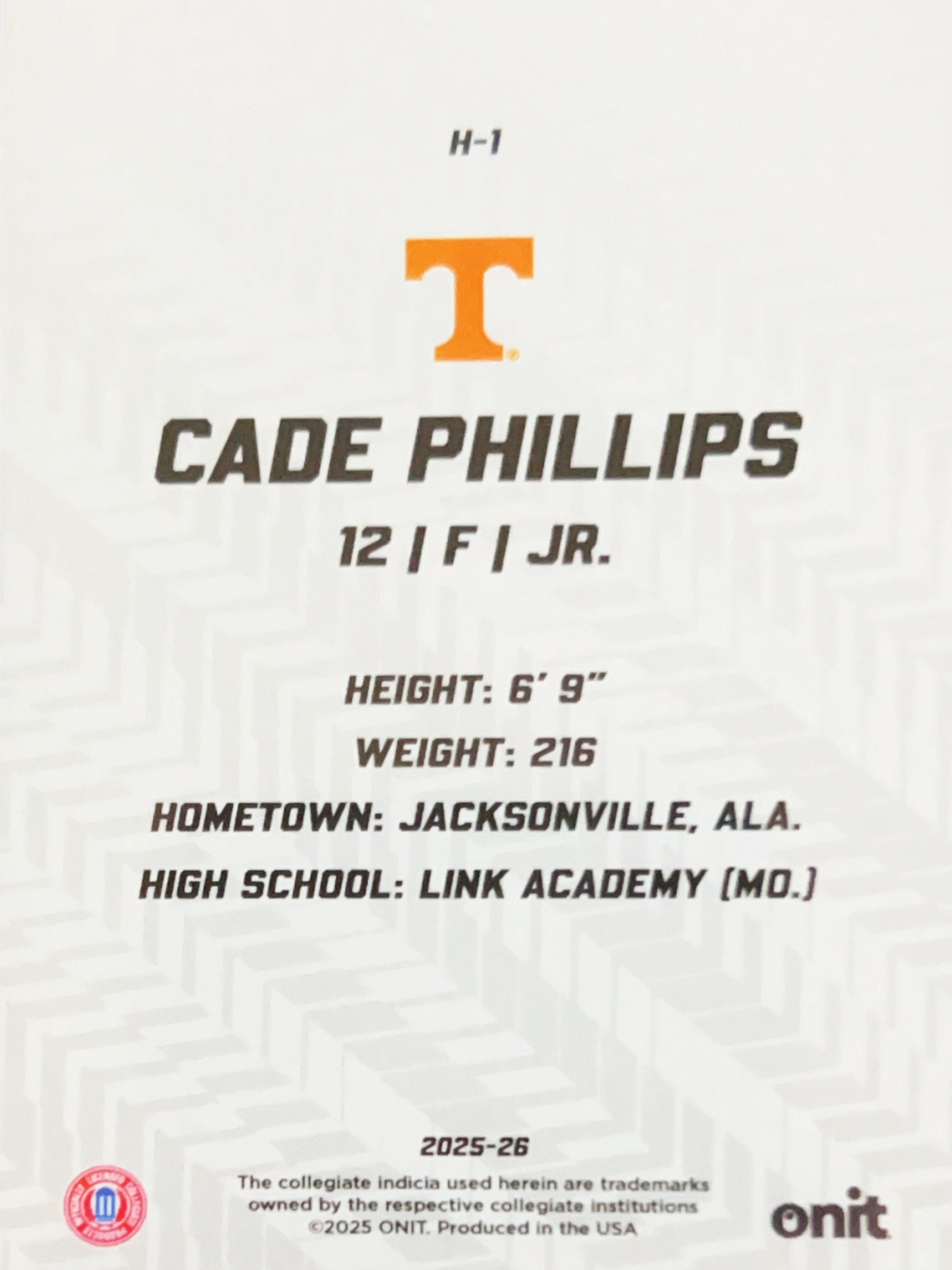2025 ONIT Tennessee Volunteers Hype Cade Phillips #H-1 Orange