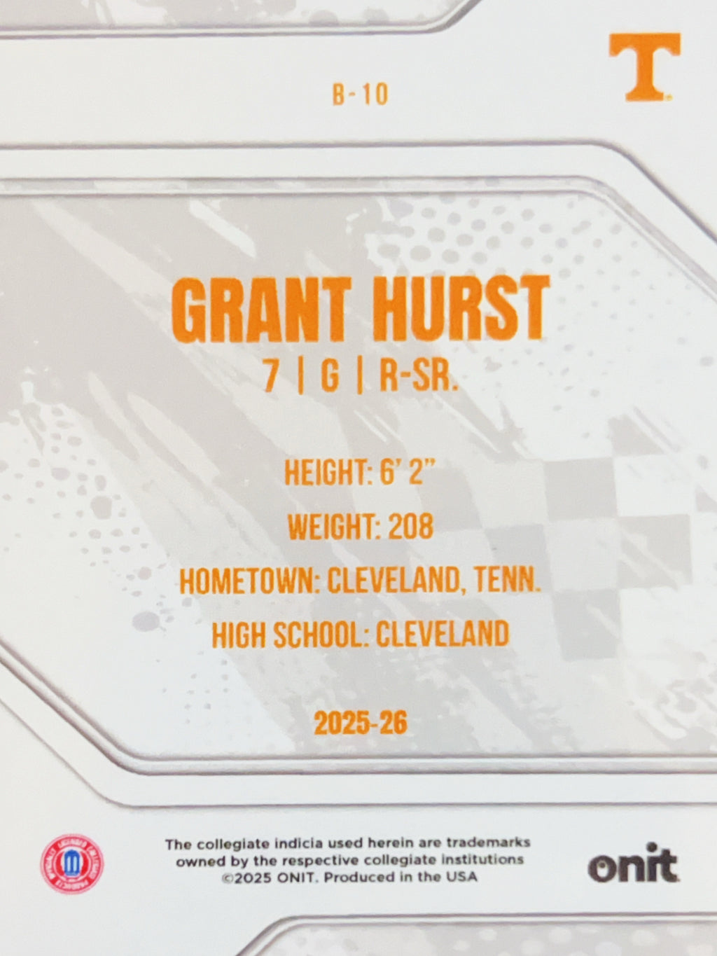 2025 ONIT Tennessee Volunteers Grant Hurst #B-10