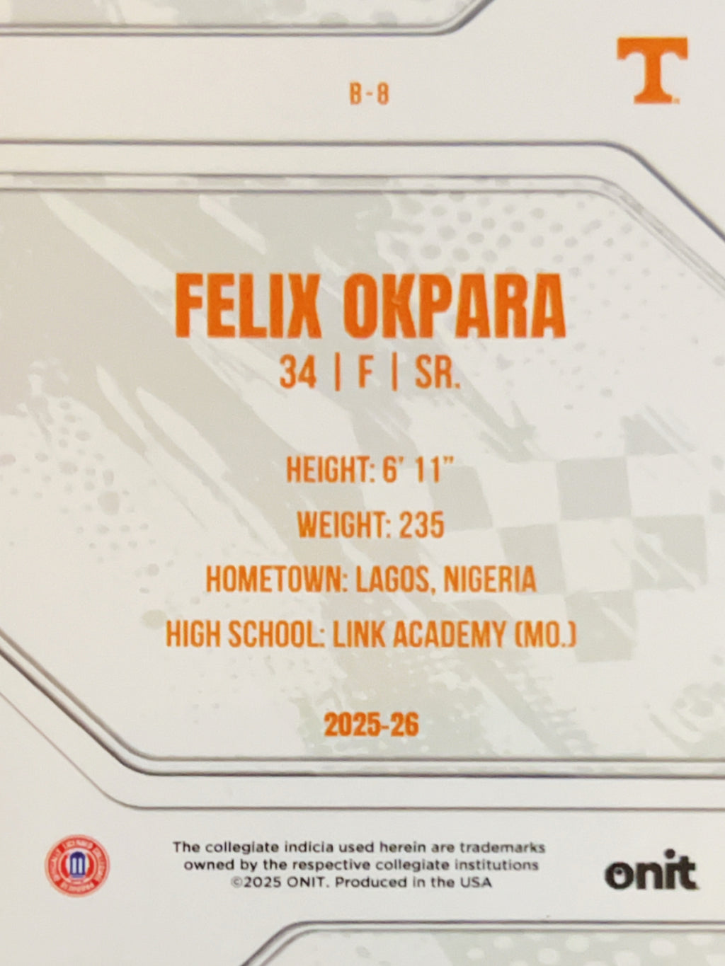 2025 ONIT Tennessee Volunteers Basketball Felix Okpara #B-8