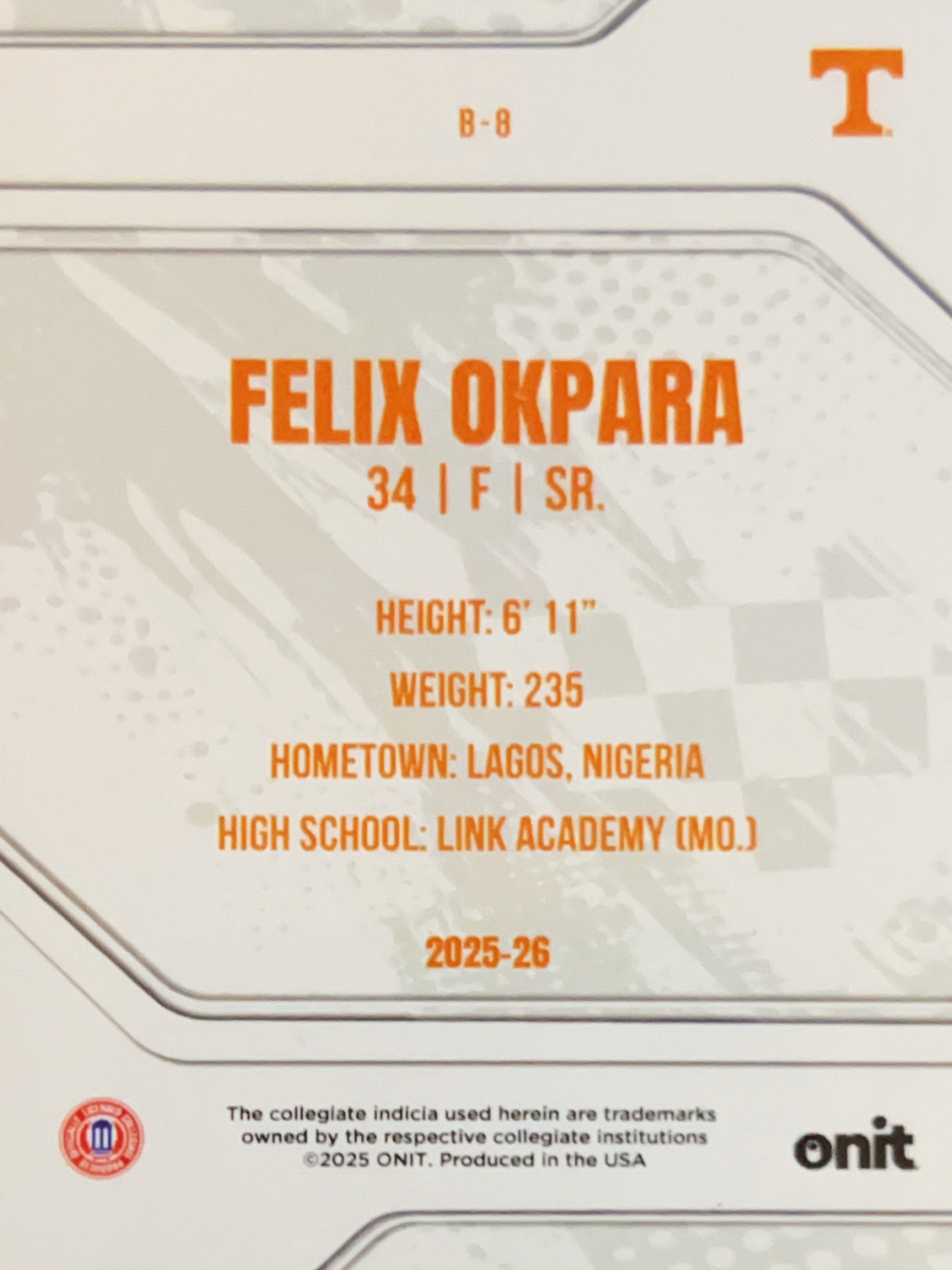 2025 ONIT Tennessee Volunteers Basketball Felix Okpara #B-8