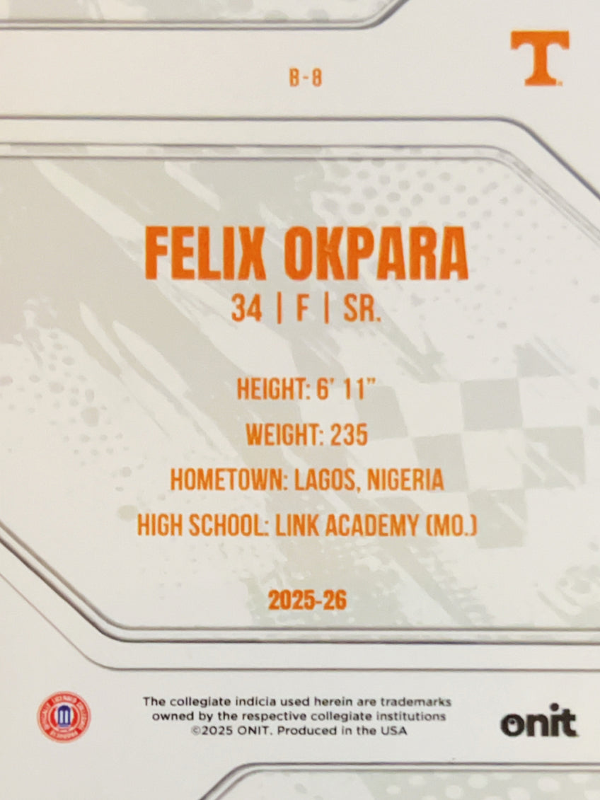 2025 ONIT Tennessee Volunteers Basketball Felix Okpara #B-8