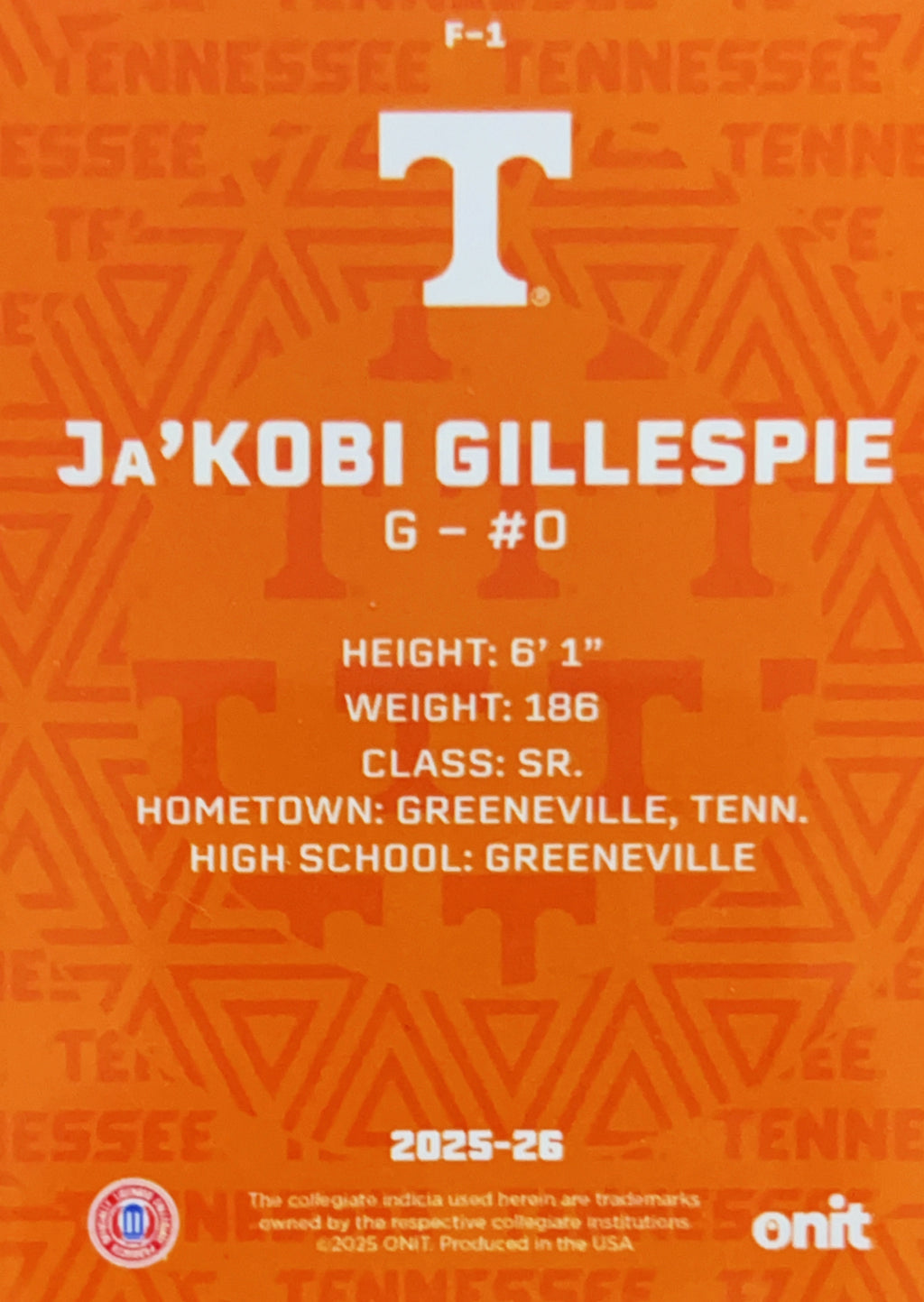 2025 ONIT Tennessee Basketball Ja'Kobi Gillespie #F-1