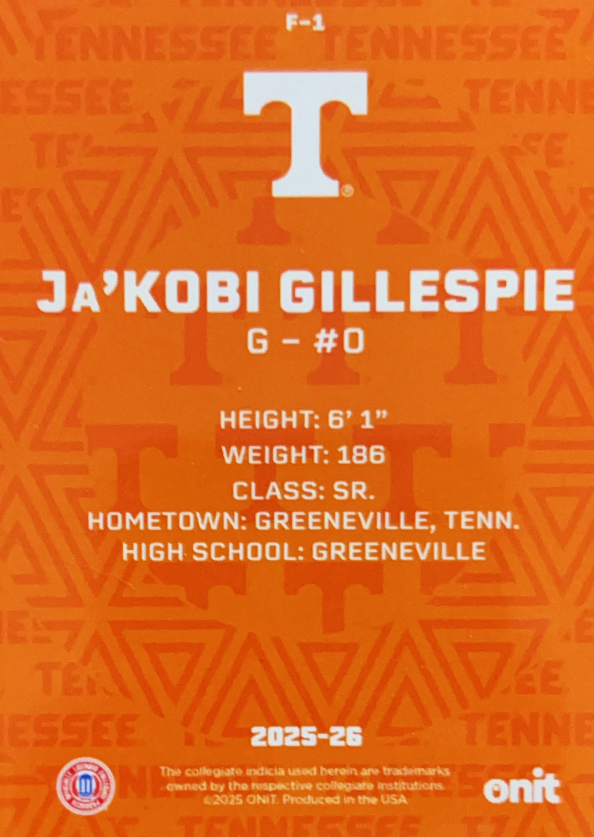 2025 ONIT Tennessee Basketball Ja'Kobi Gillespie #F-1