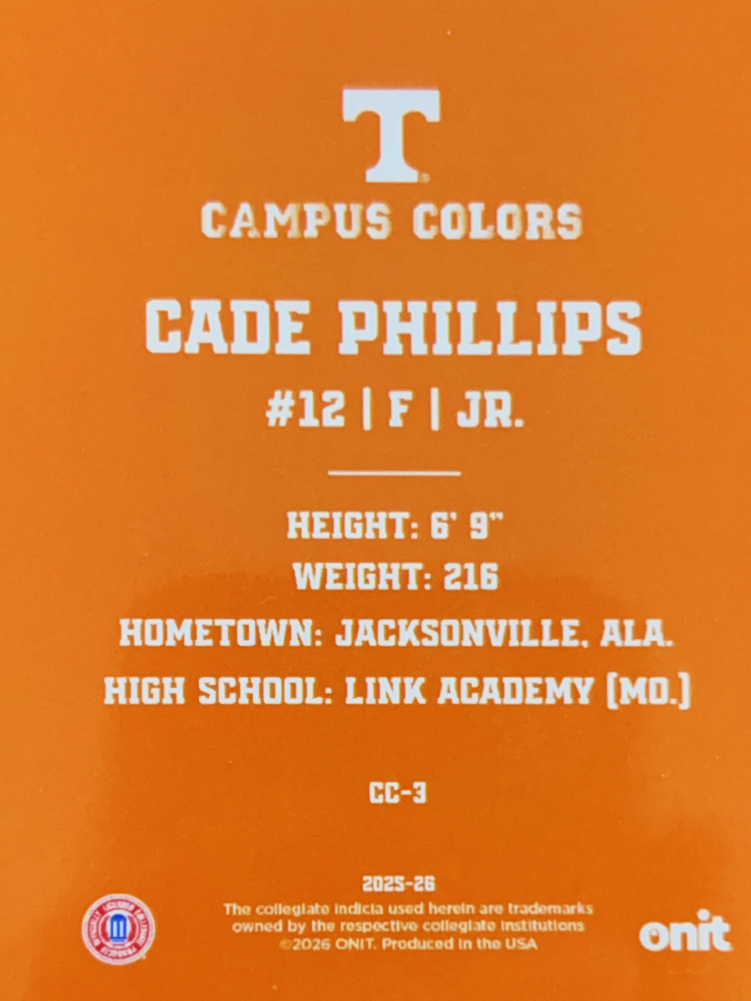 2026 ONIT Campus Colors Cade Phillips #CC-3 Orange