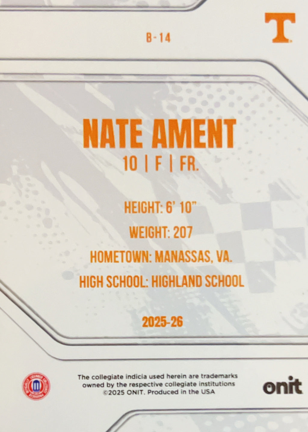 2025 ONIT Tennessee Basketball Nate Ament #B-14