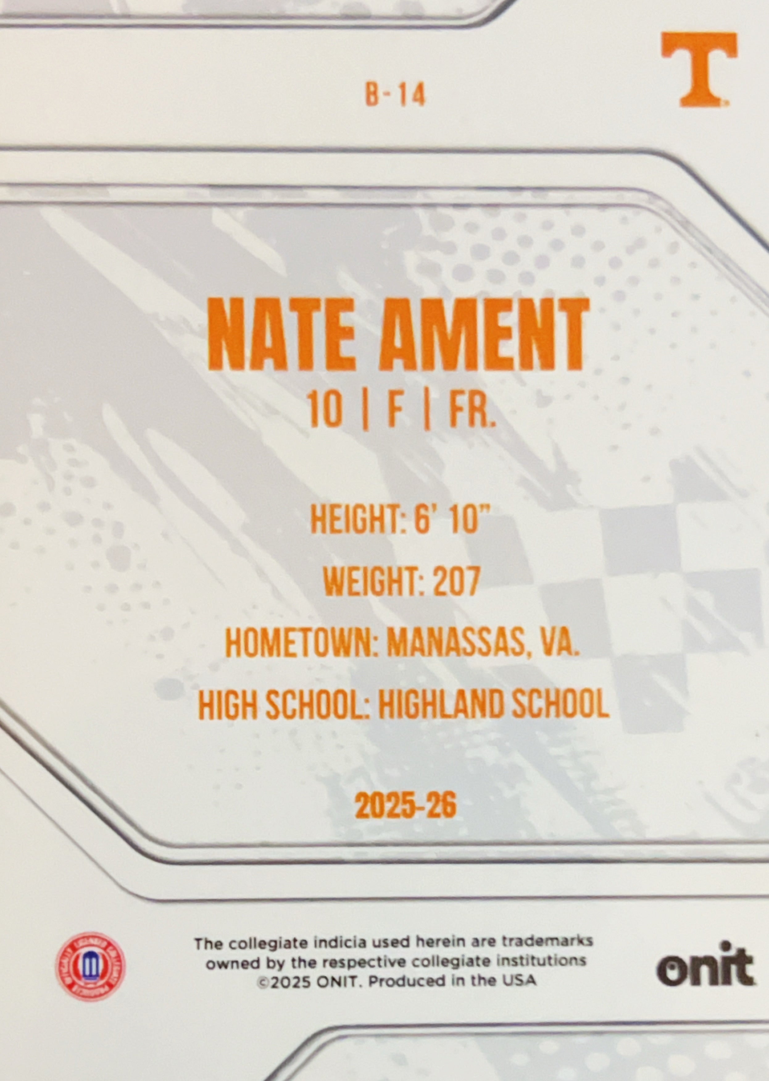 2025 ONIT Tennessee Basketball Nate Ament #B-14