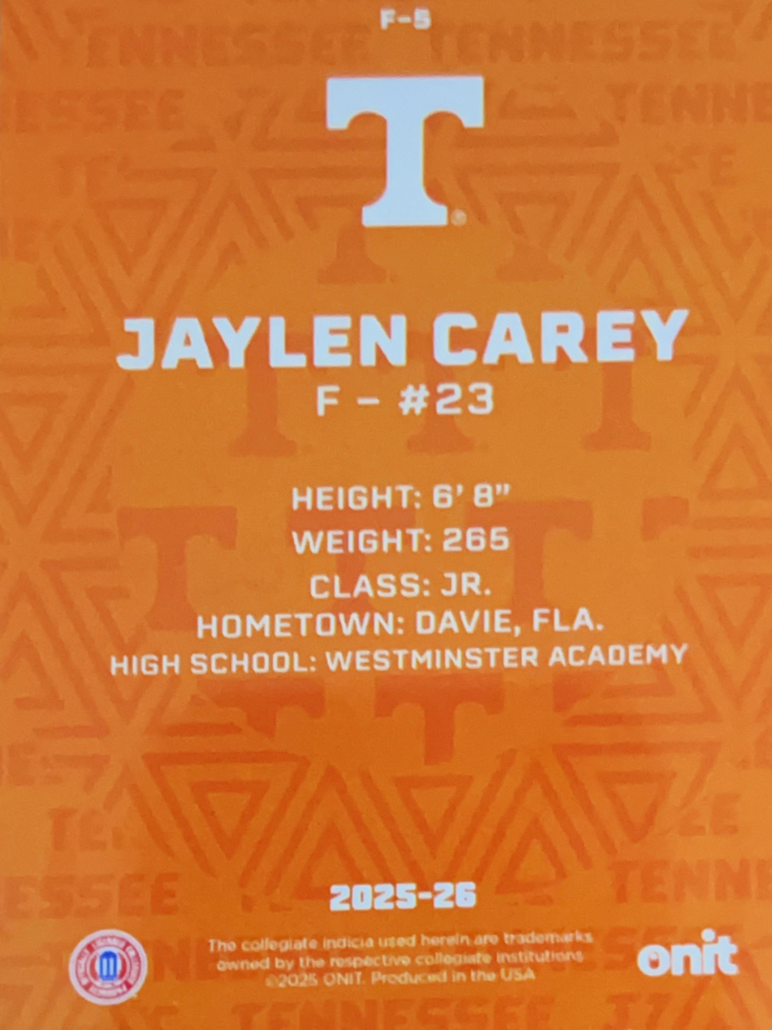 2025 ONIT Tennessee Basketball Jaylen Carey #F-5