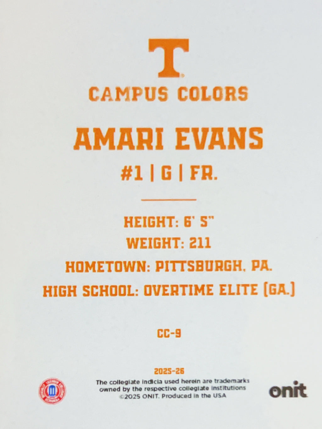 2025 ONIT Campus Colors Amari Evans #CC-9