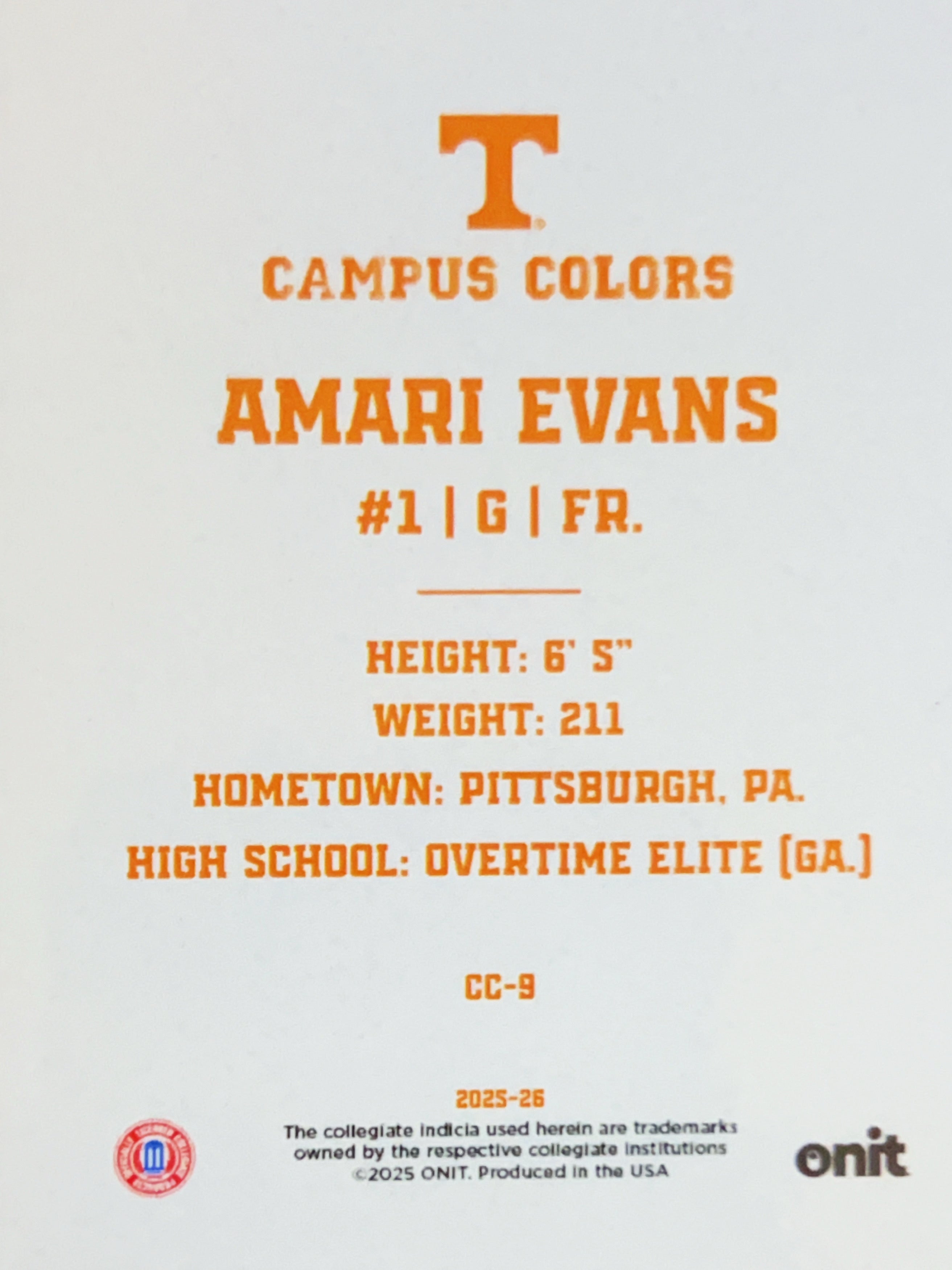 2025 ONIT Campus Colors Amari Evans #CC-9