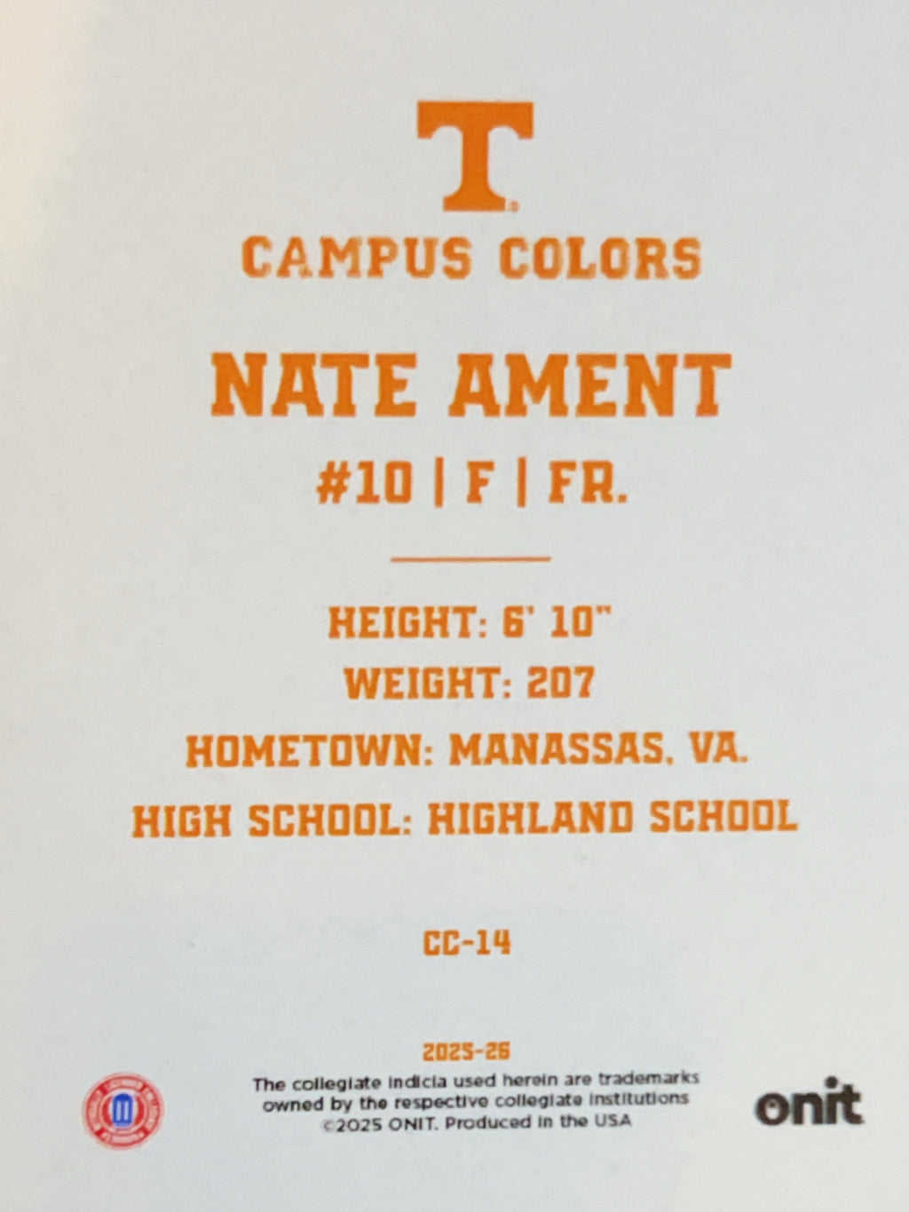 2025 ONIT Campus Colors Nate Ament #CC-14