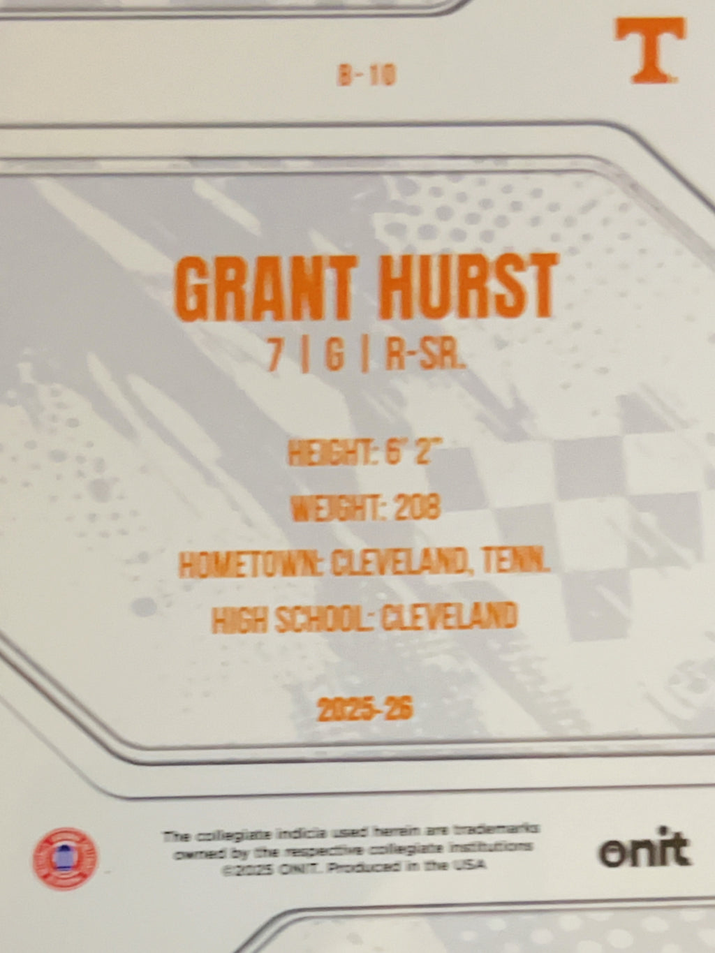 2025 ONIT Tennessee Volunteers Grant Hurst #B-10