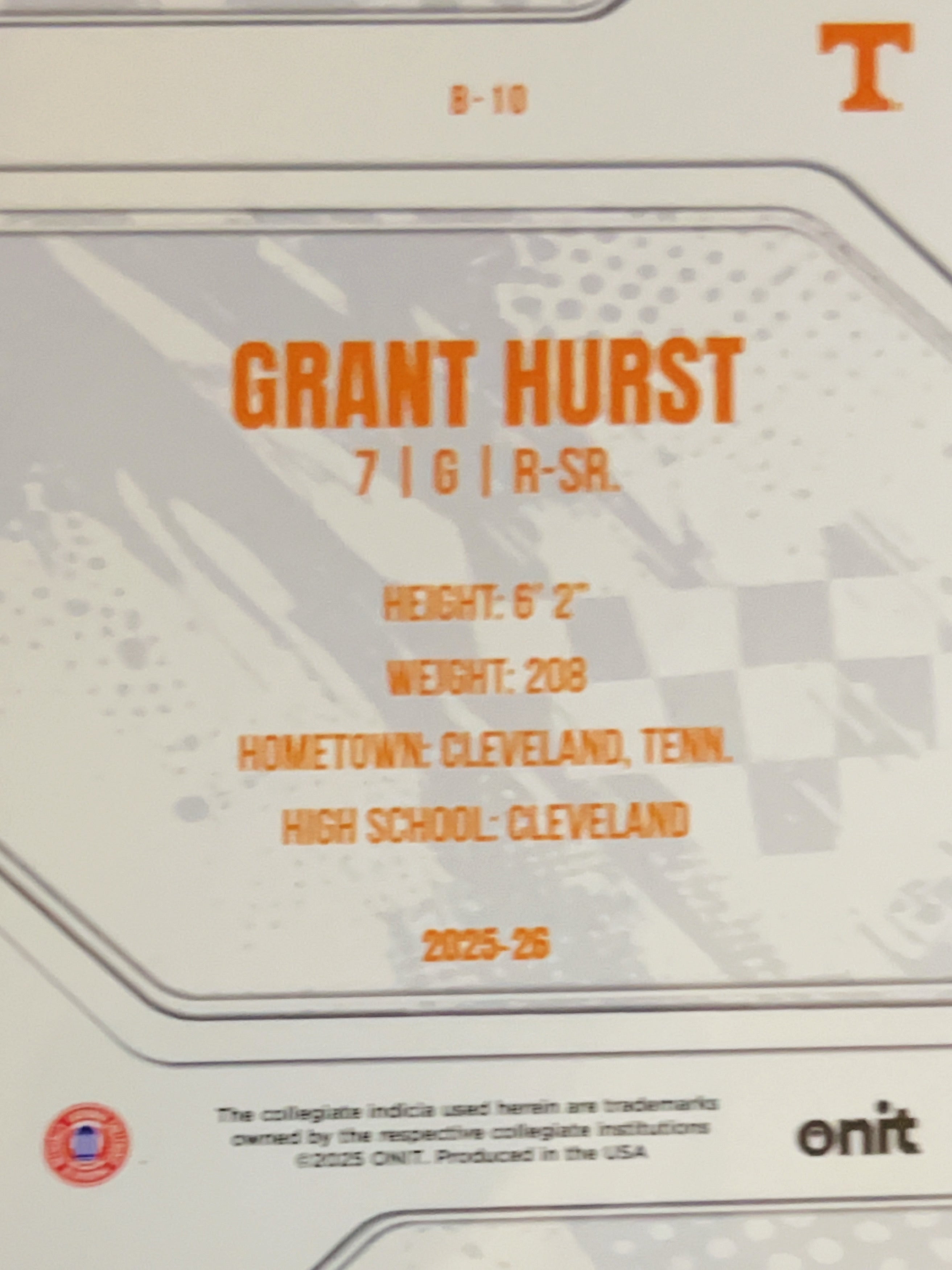 2025 ONIT Tennessee Volunteers Grant Hurst #B-10