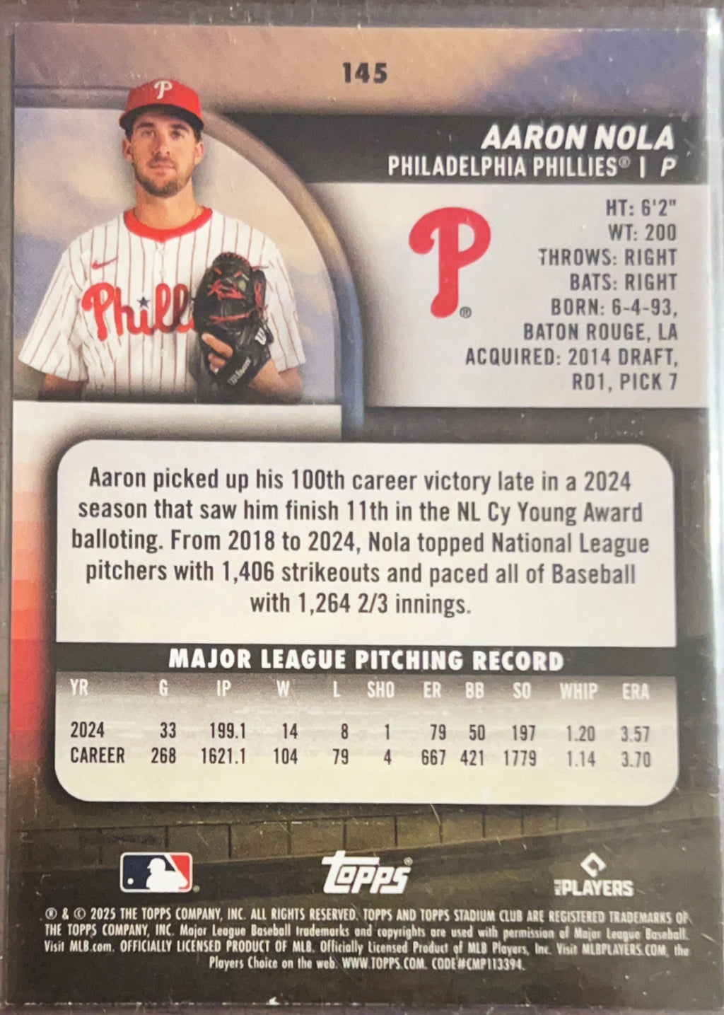 2025 Topps Stadium Club Aaron Nola #145 Photographer's Proof