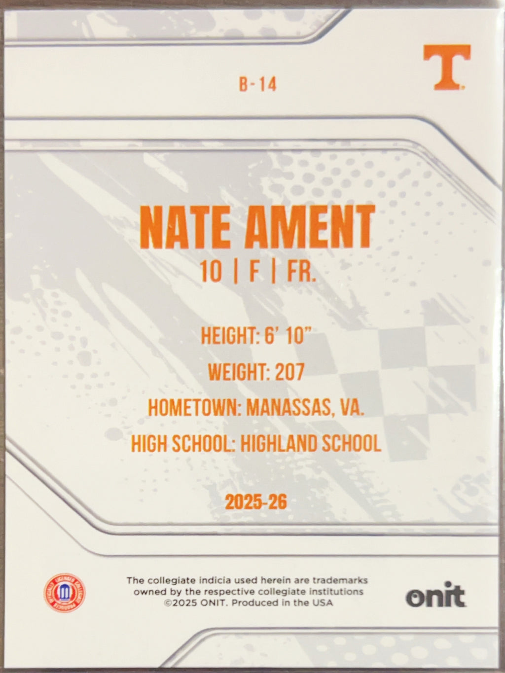 2025 ONIT Tennessee Volunteers Nate Ament #B-14