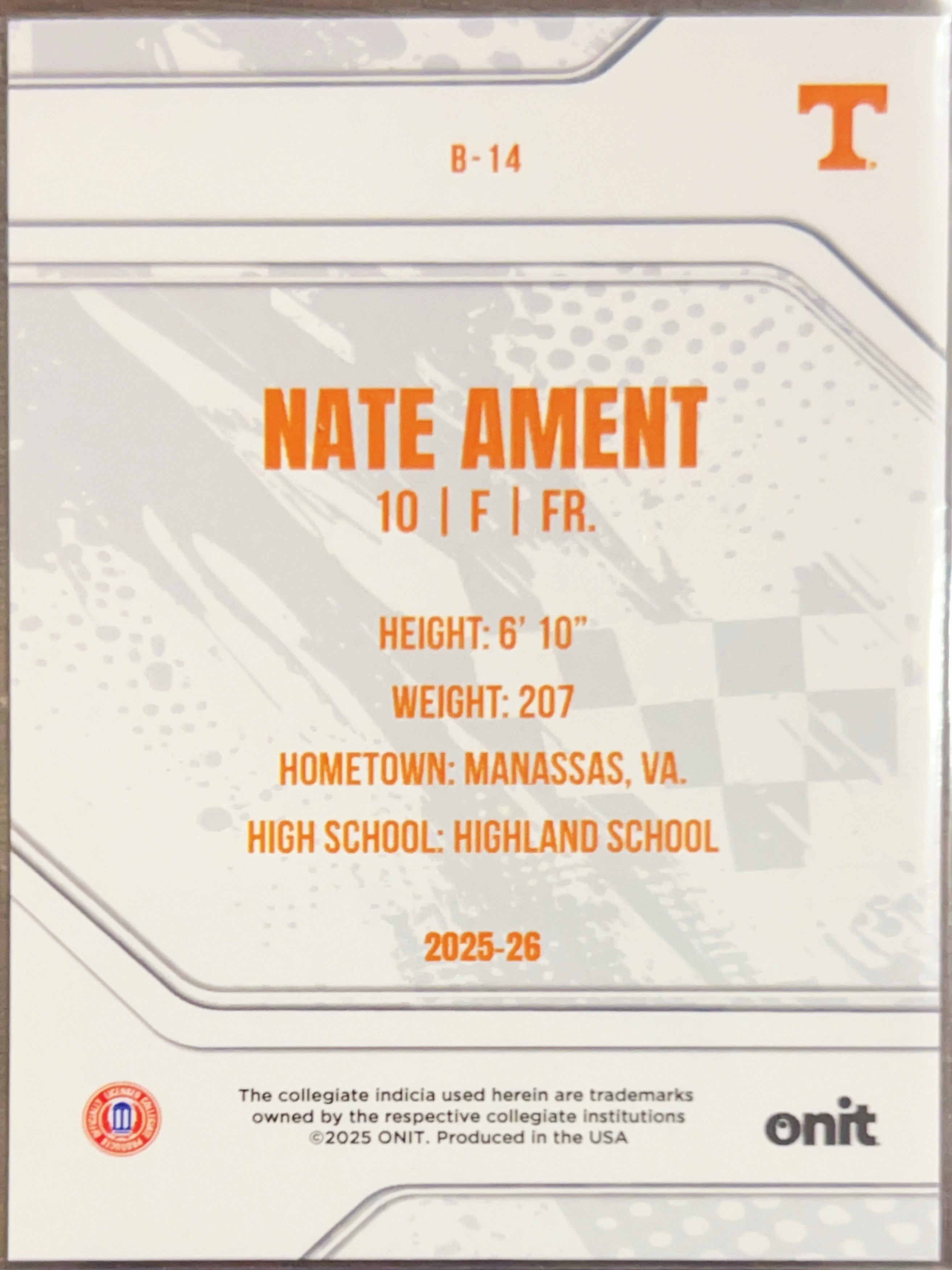 2025 ONIT Tennessee Volunteers Nate Ament #B-14