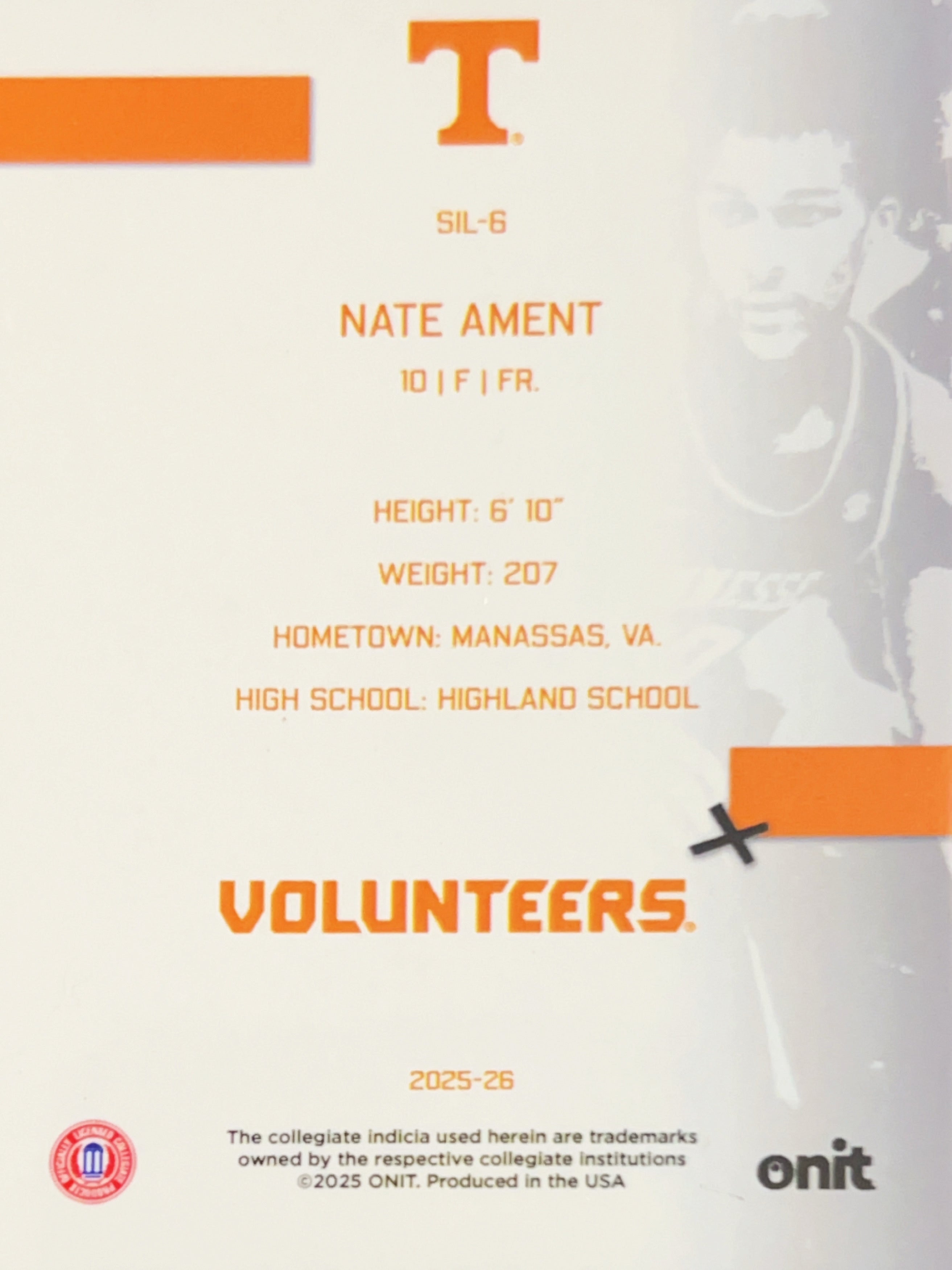 2025 Onit Tennessee Volunteers Nate Ament #SIL-6