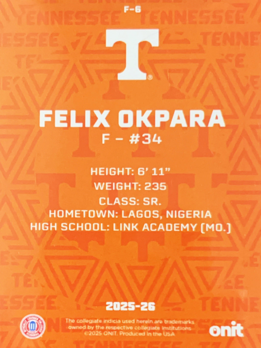 2025 ONIT Tennessee Basketball Felix Okpara #F-6
