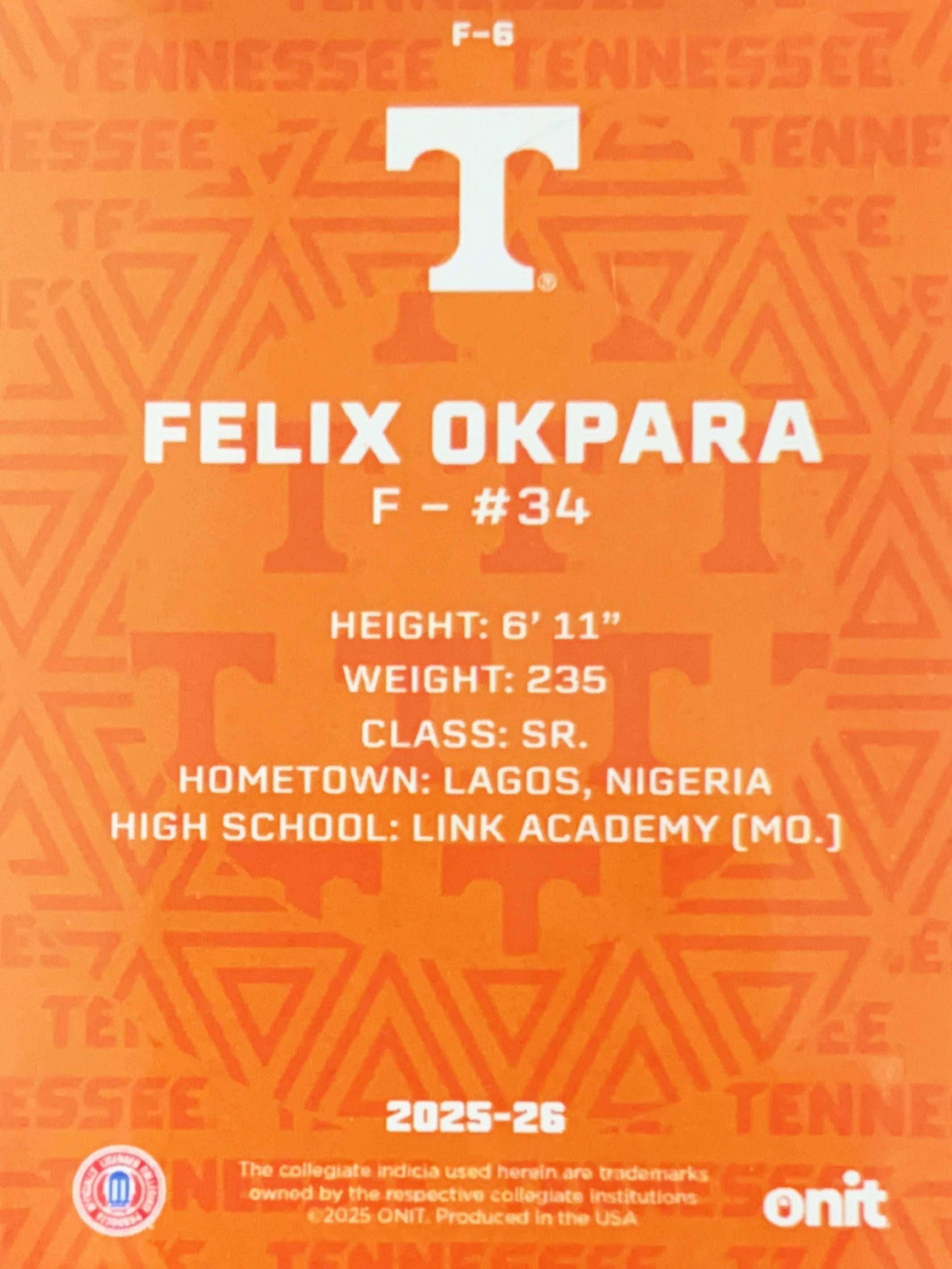 2025 ONIT Tennessee Basketball Felix Okpara #F-6