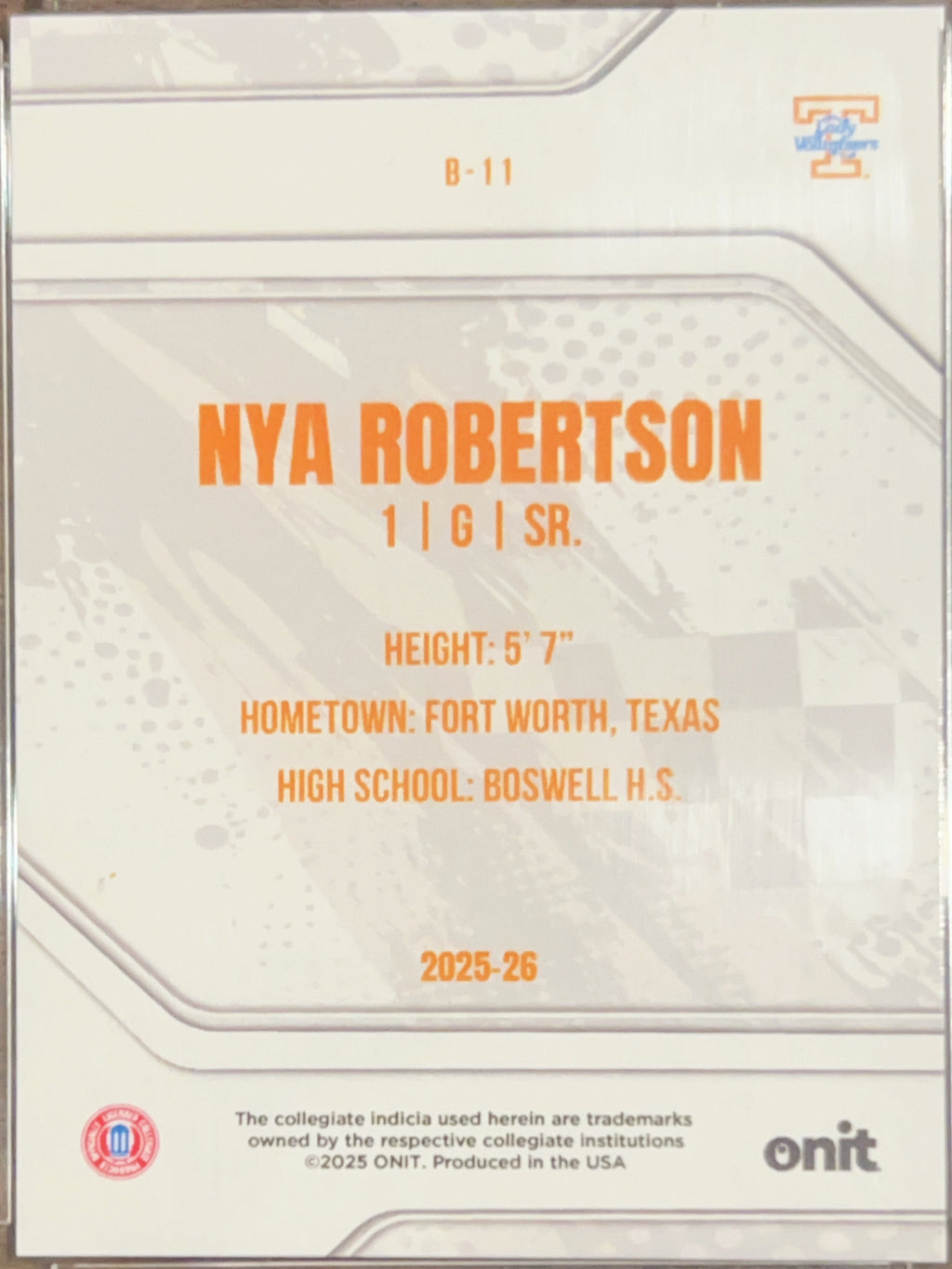 2025 ONIT Tennessee Lady Volunteers Nya Robertson #B-11 Orange Refractor /49