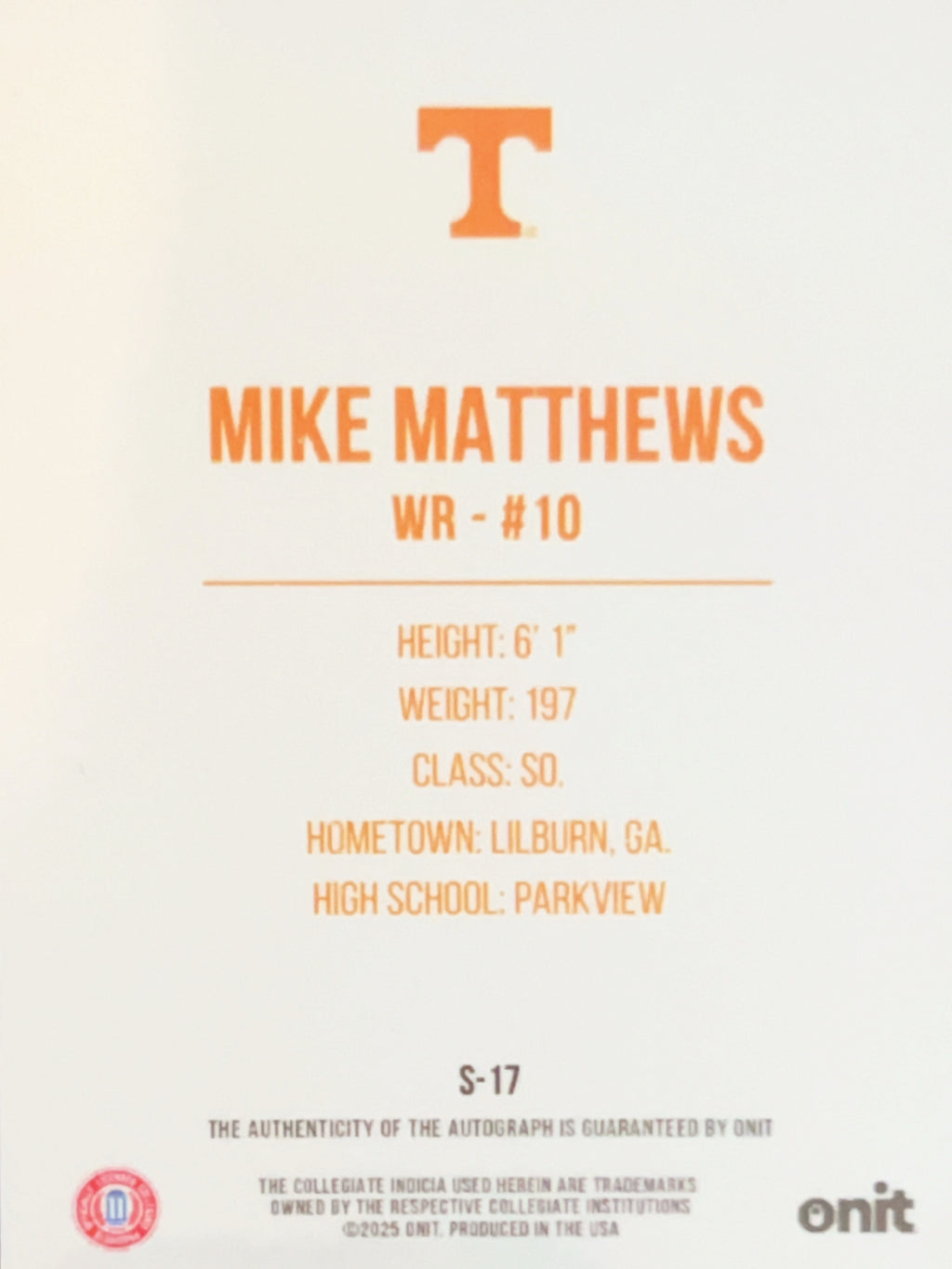 2025 Onit Signature Series Mike Matthews #S-17 Auto