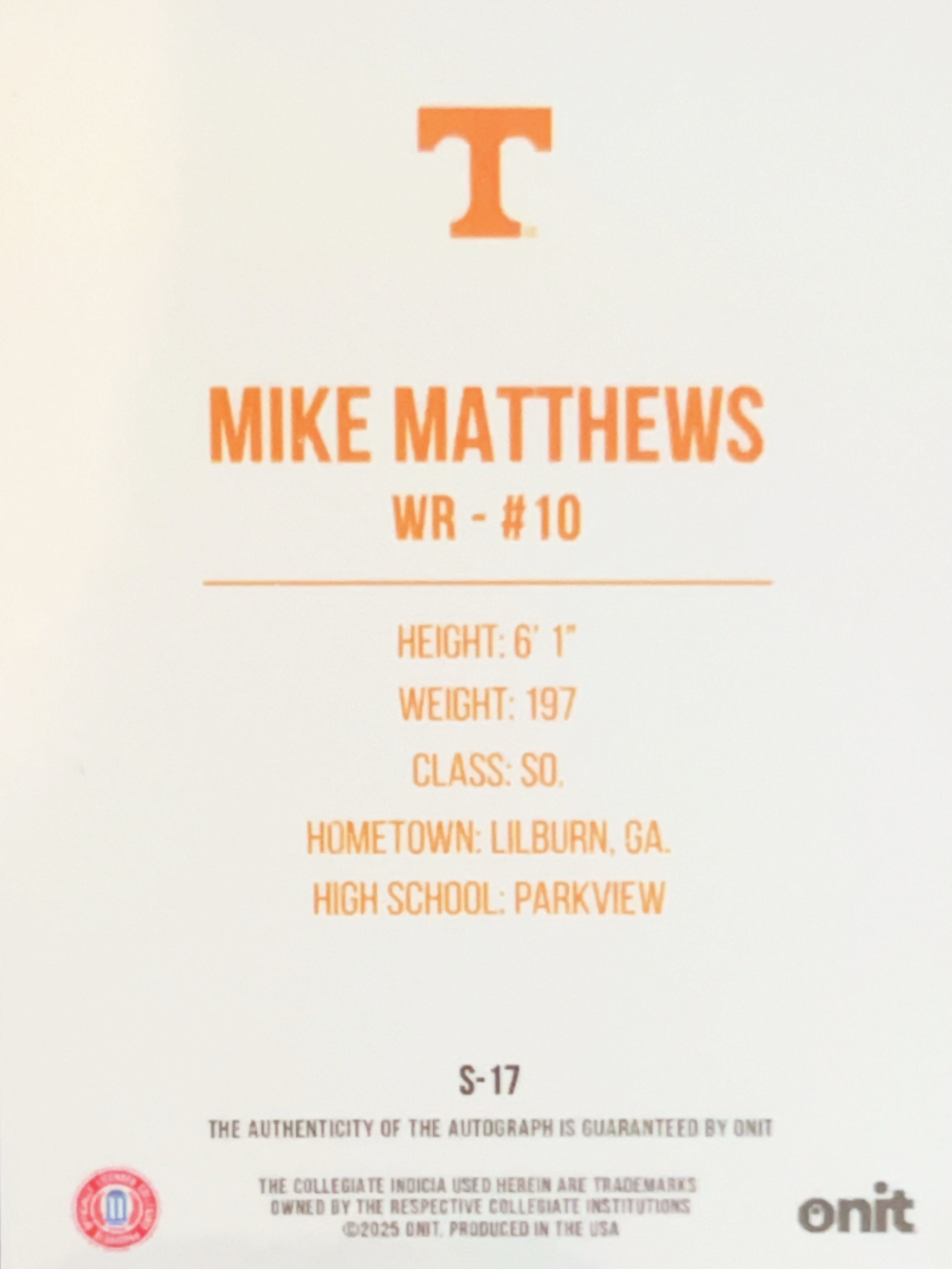 2025 Onit Signature Series Mike Matthews #S-17 Auto