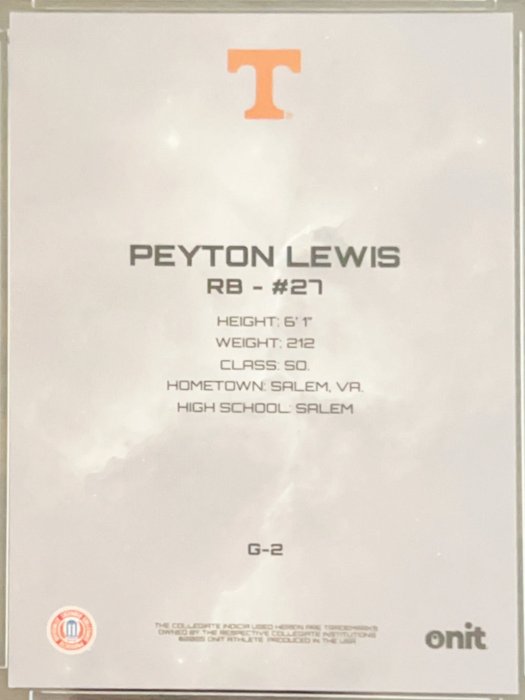 2024 Onit Tennessee Volunteers Football Peyton Lewis #G-2 Purple Galaxy /25