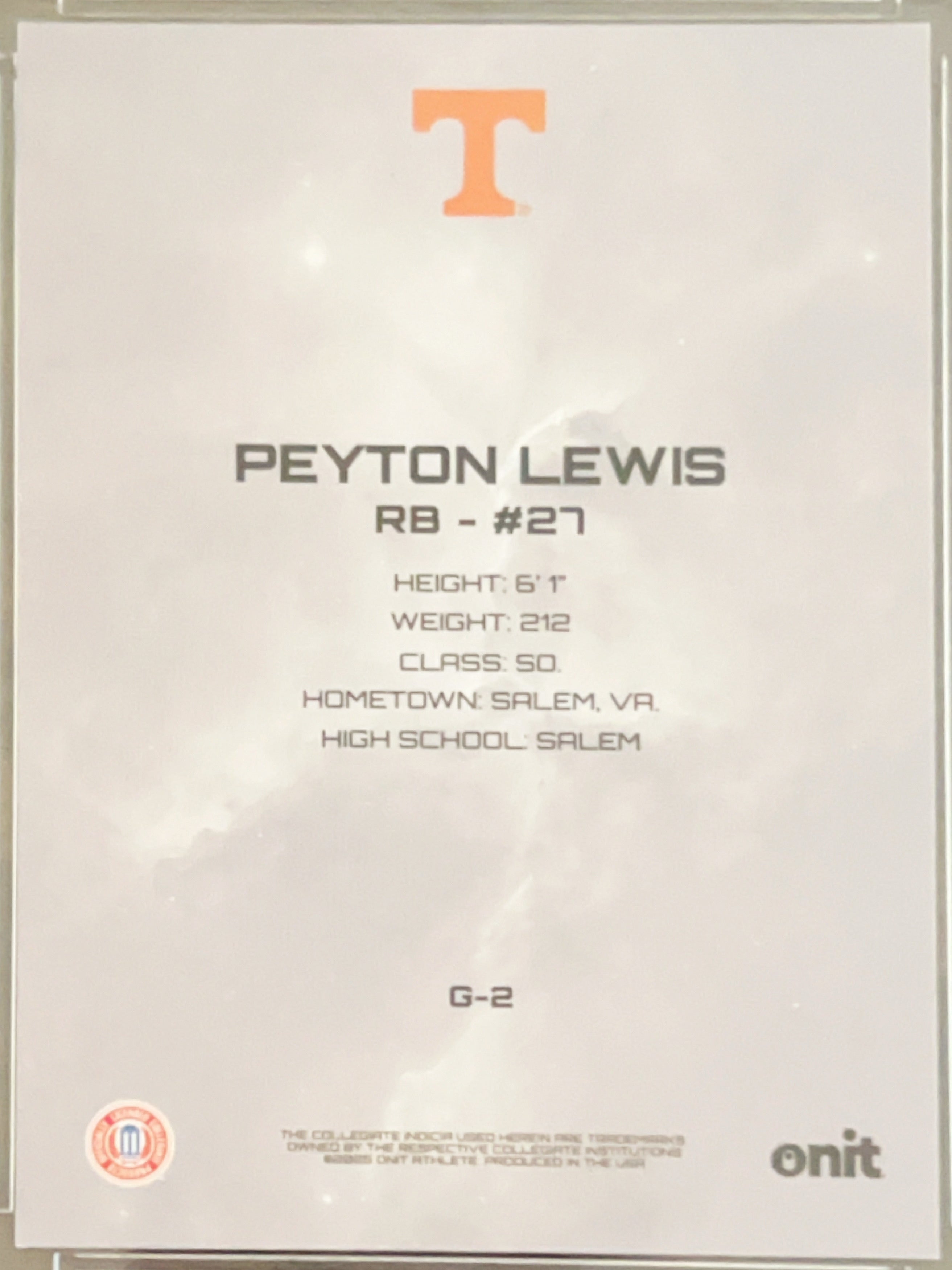 2024 Onit Tennessee Volunteers Football Peyton Lewis #G-2 Purple Galaxy /25