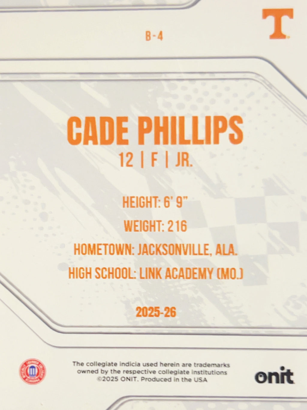 2025 ONIT Tennessee Basketball Cade Phillips #B-4