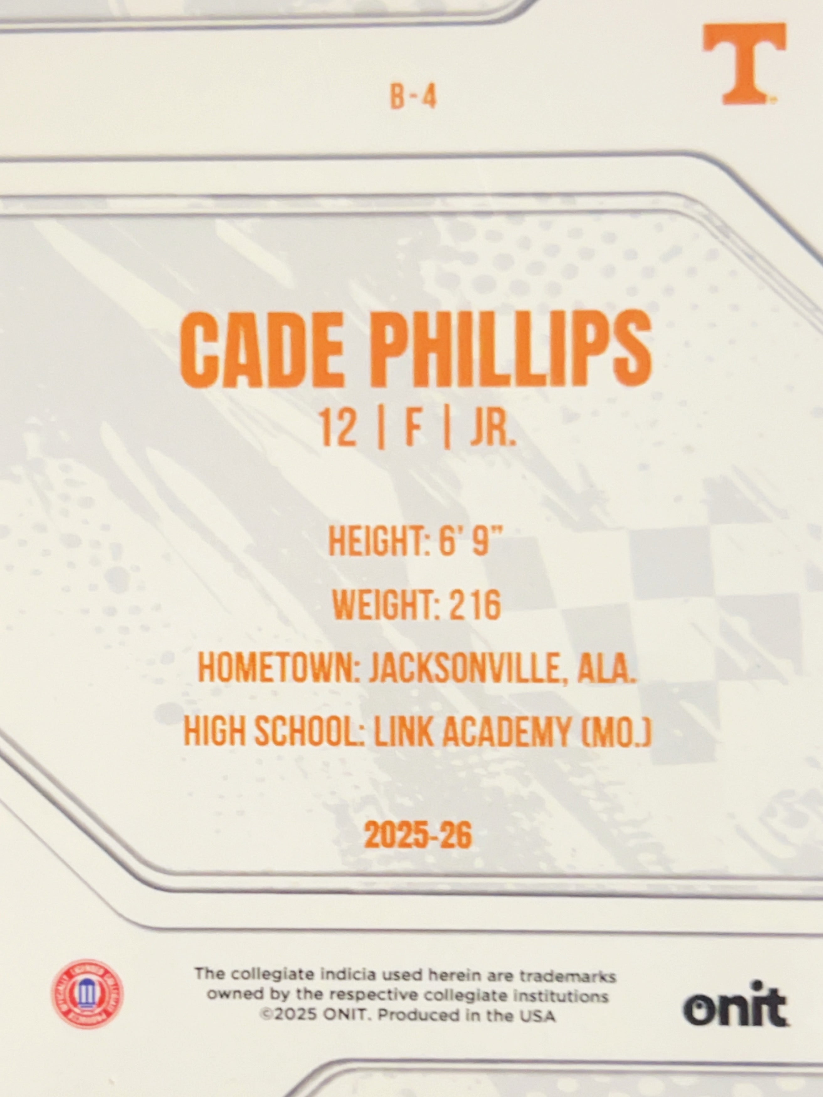 2025 ONIT Tennessee Basketball Cade Phillips #B-4