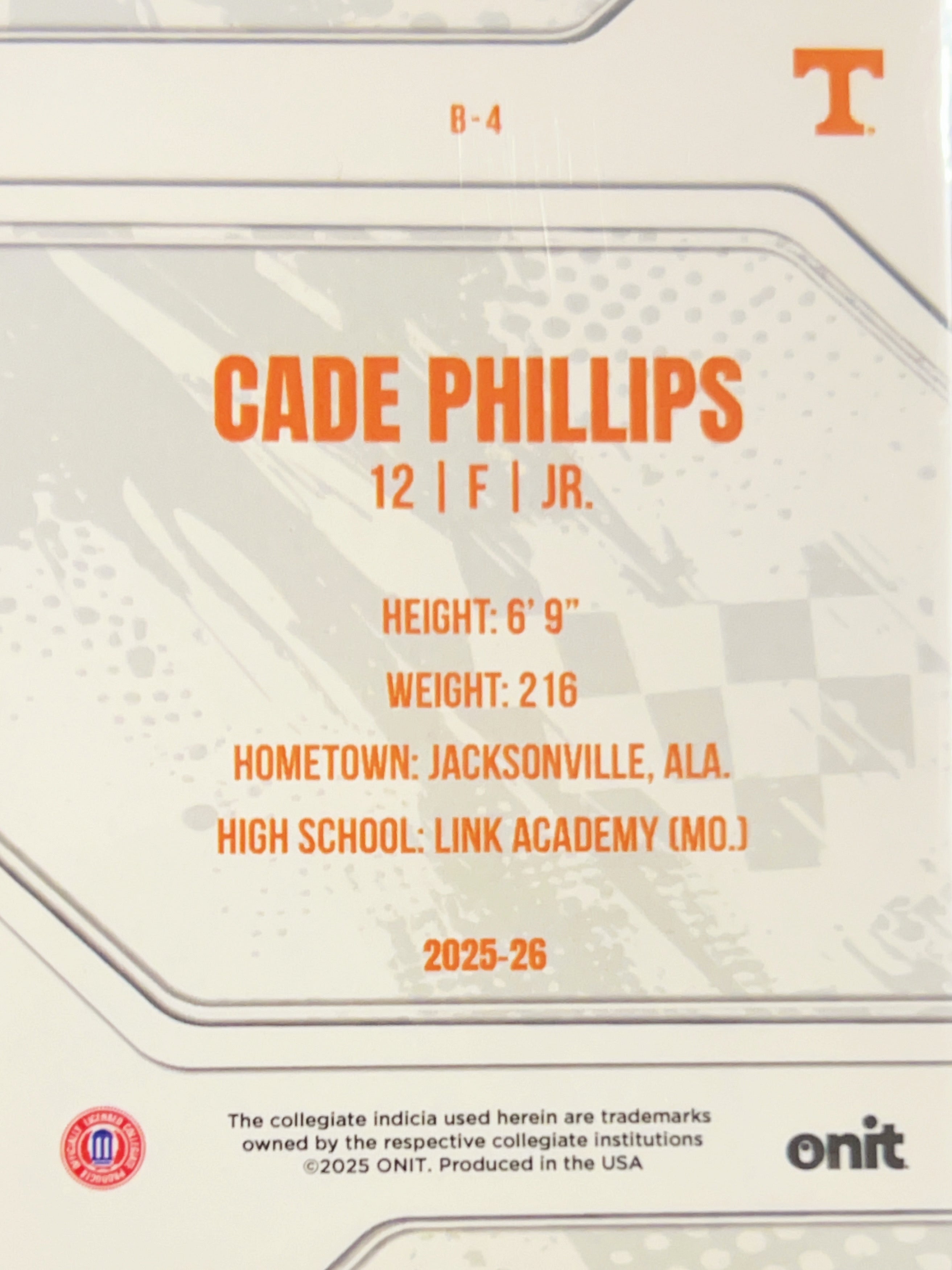 2025 ONIT Tennessee Volunteers Cade Phillips #B-4