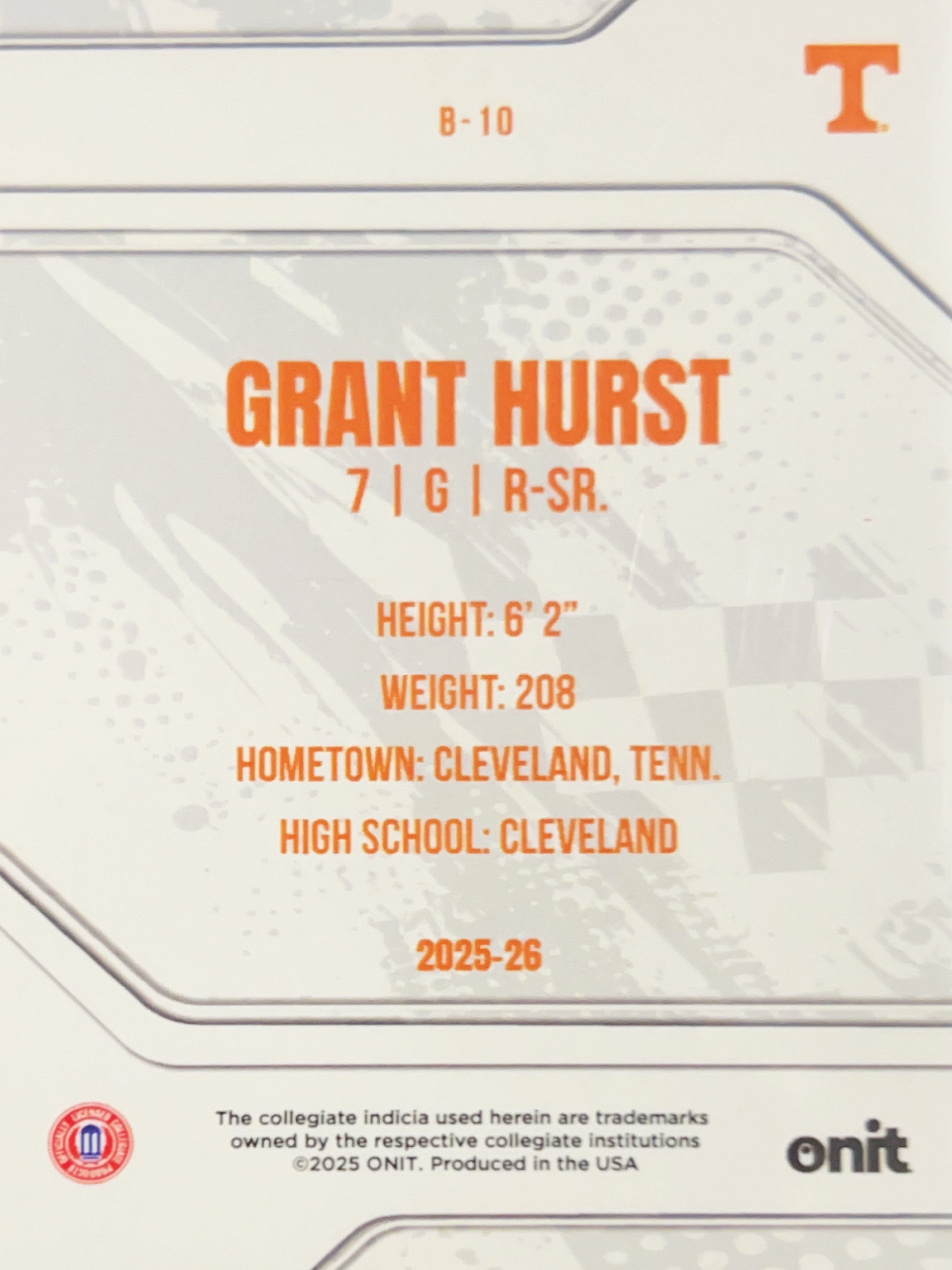 2025 ONIT Tennessee Volunteers Basketball Grant Hurst #B-10