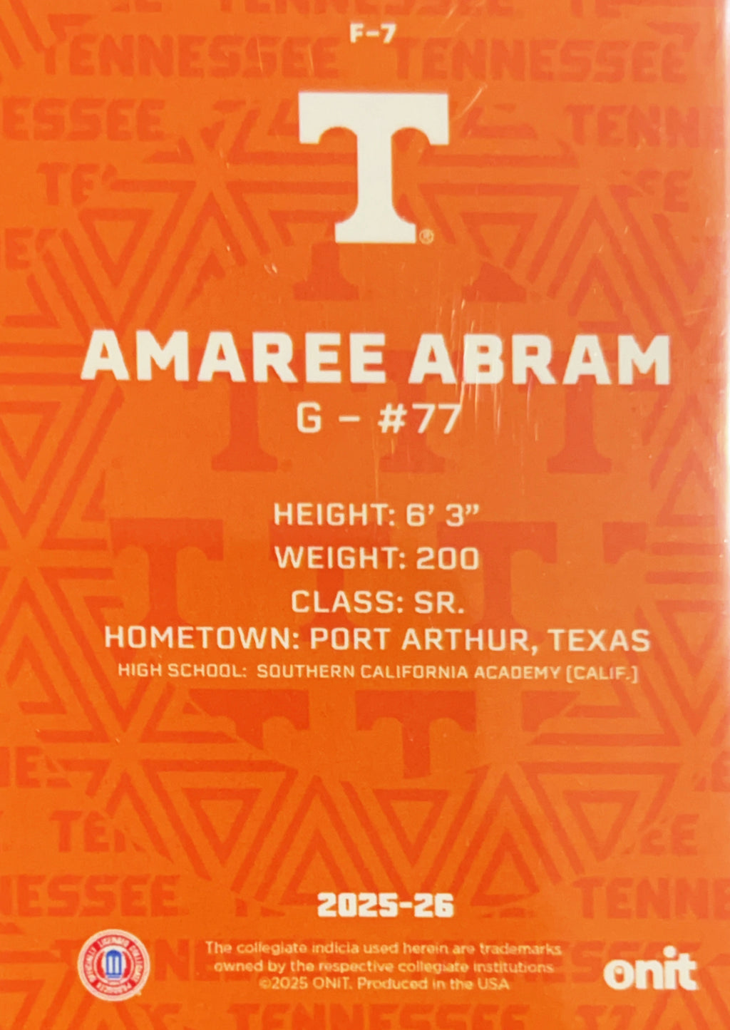 2025 ONIT Tennessee Volunteers Basketball Amaree Abram #F-7