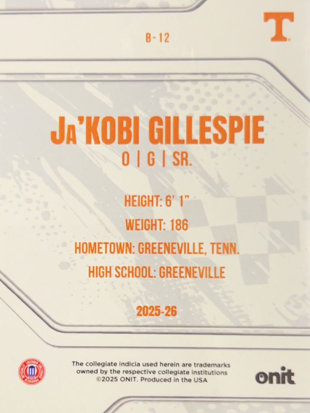 2025 ONIT Tennessee Basketball Ja'Kobi Gillespie #B-12
